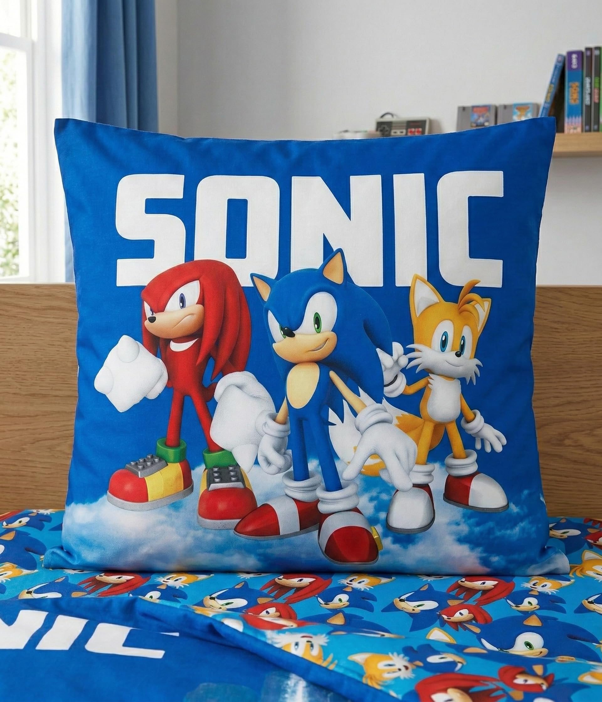 Sonic 3 Piezas Funda Nórdica Cama 90 140x200 + Funda 63x63 + Bajera 90x190 | Funda nórdica + bajera 90x190 | Microfibra secado rápido | Knuckles Tails SEGA oficial | Regalo | Lavable a máquina