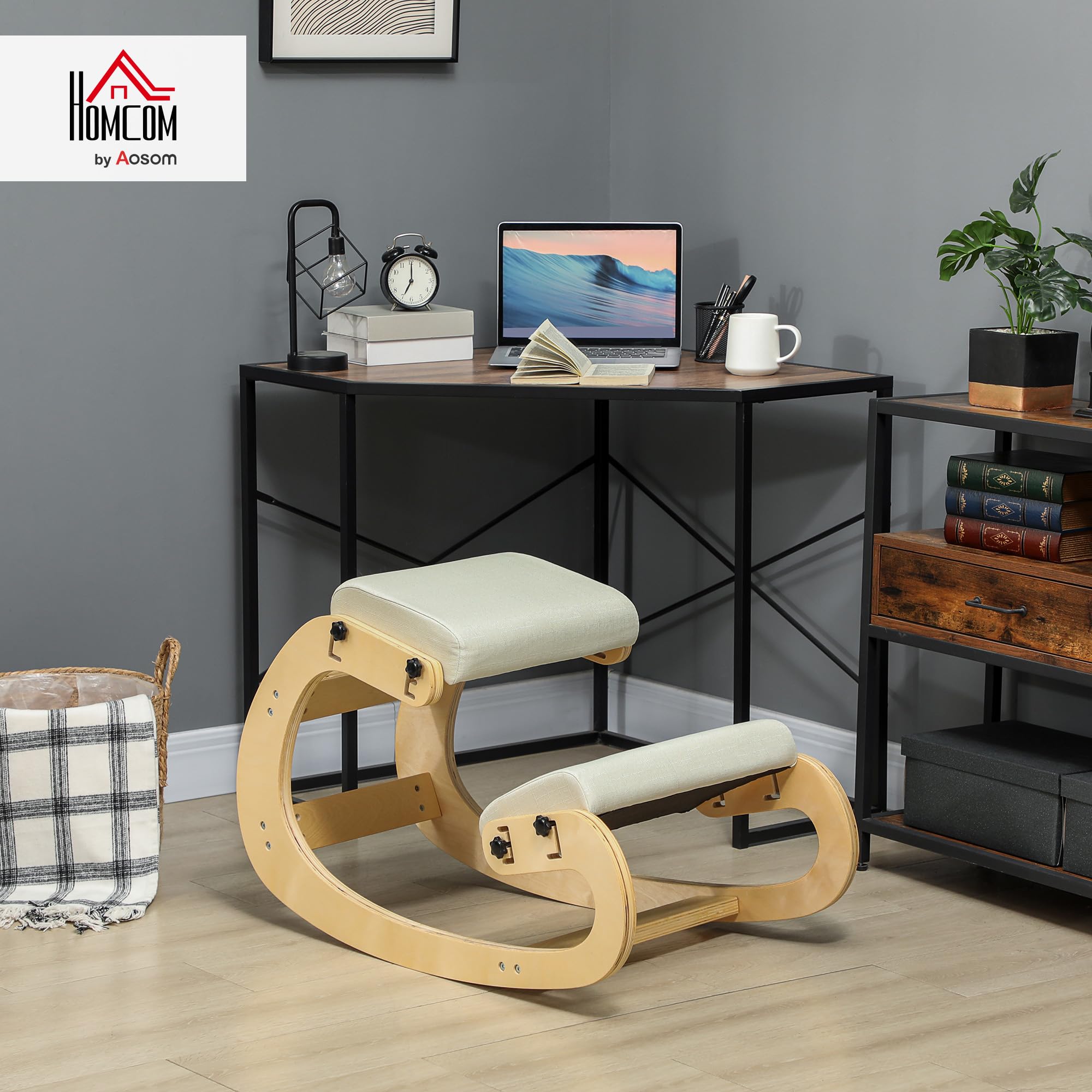 HOMCOM Siège Assis Genoux, siège Ergonomique en Bois à Bascule, Chaise à Genoux réglable pour Bureau à Domicile, améliorer la Posture, maux de Dos, crème