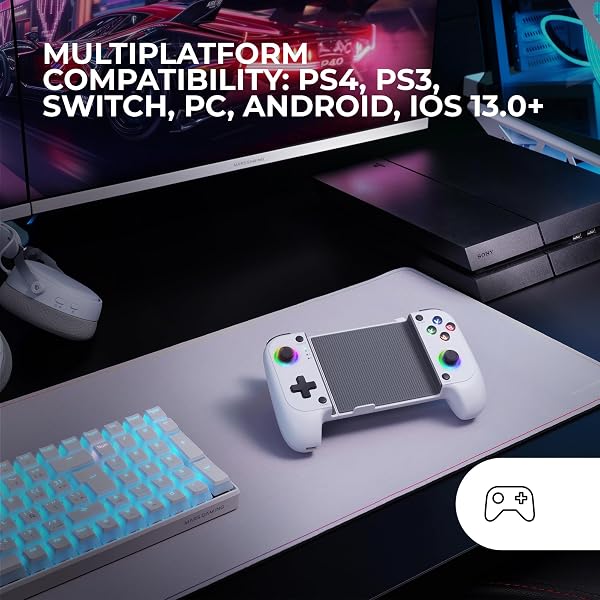MARSGAMING MGPX, Gamepad Bluetooth 5.0 2-in-1, RGB Neon, Doppia Vibrazione e Funzione Turbo, Supporto Smartphone Fino a 6.8", Controller Compatibile con PC, Android, iOS e Console, USB-C, Bianco - 5