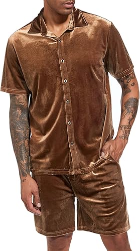 Vista 2 de LecGee Conjunto de pantalones cortos casuales de verano para hombre, camisa de terciopelo de manga corta con botones, pantalones cortos de cintura