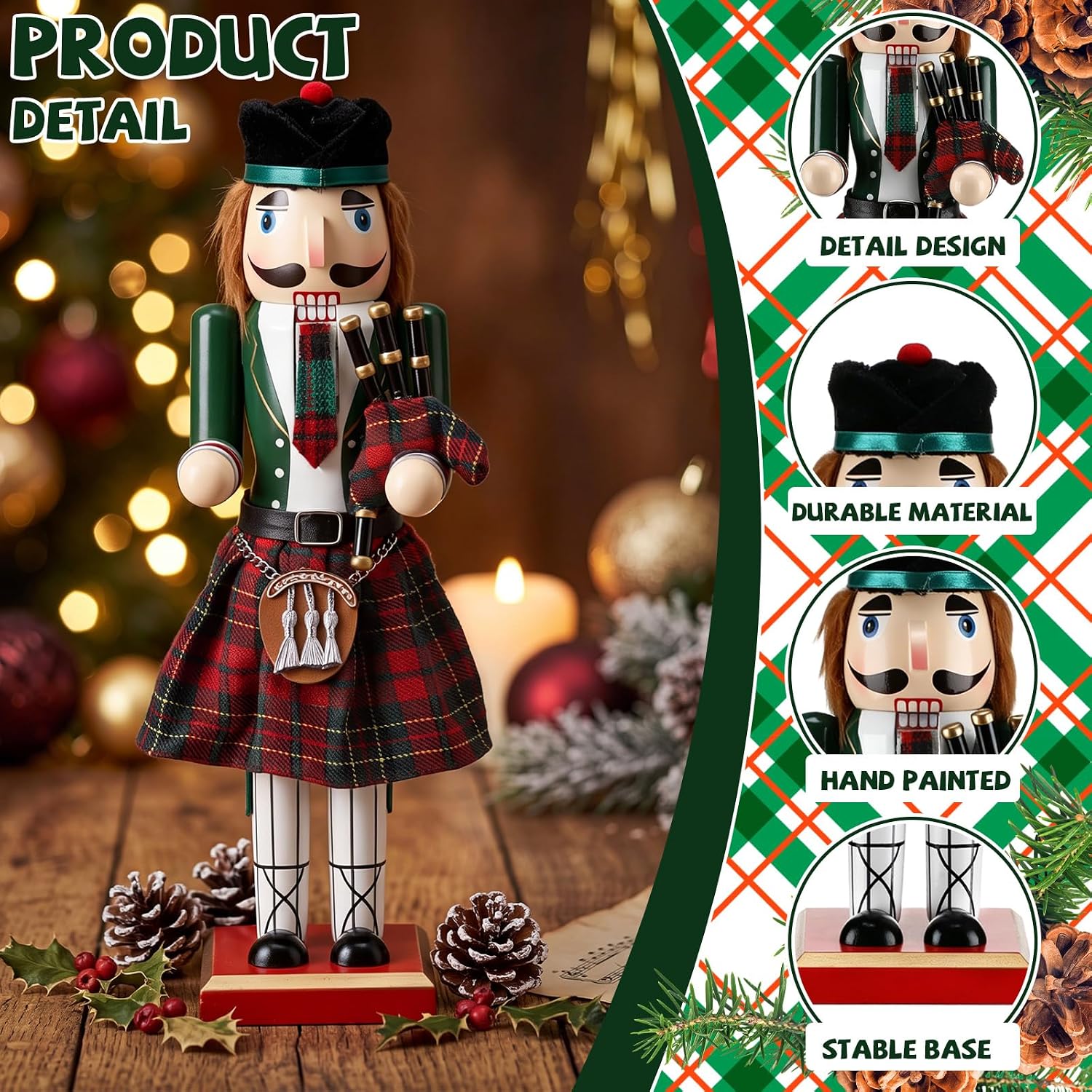 Wenqik 14 Inch Traditional Wooden Nutcracker Christmas Collectible Nutcracker Green Scottish Bagpiper Wooden Puppet Ornaments Gift for Winter Xmas Table Desktop Fireplace Decorations