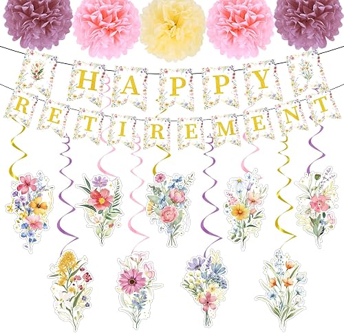 Rakuto Wildflower Happy Retirement Party Decorations for Women, 16PCS Floral Gold Retirement Banner with Hanging Swirls Decoration, Flower Just Retired Paper Pom Poms Decor Supplies