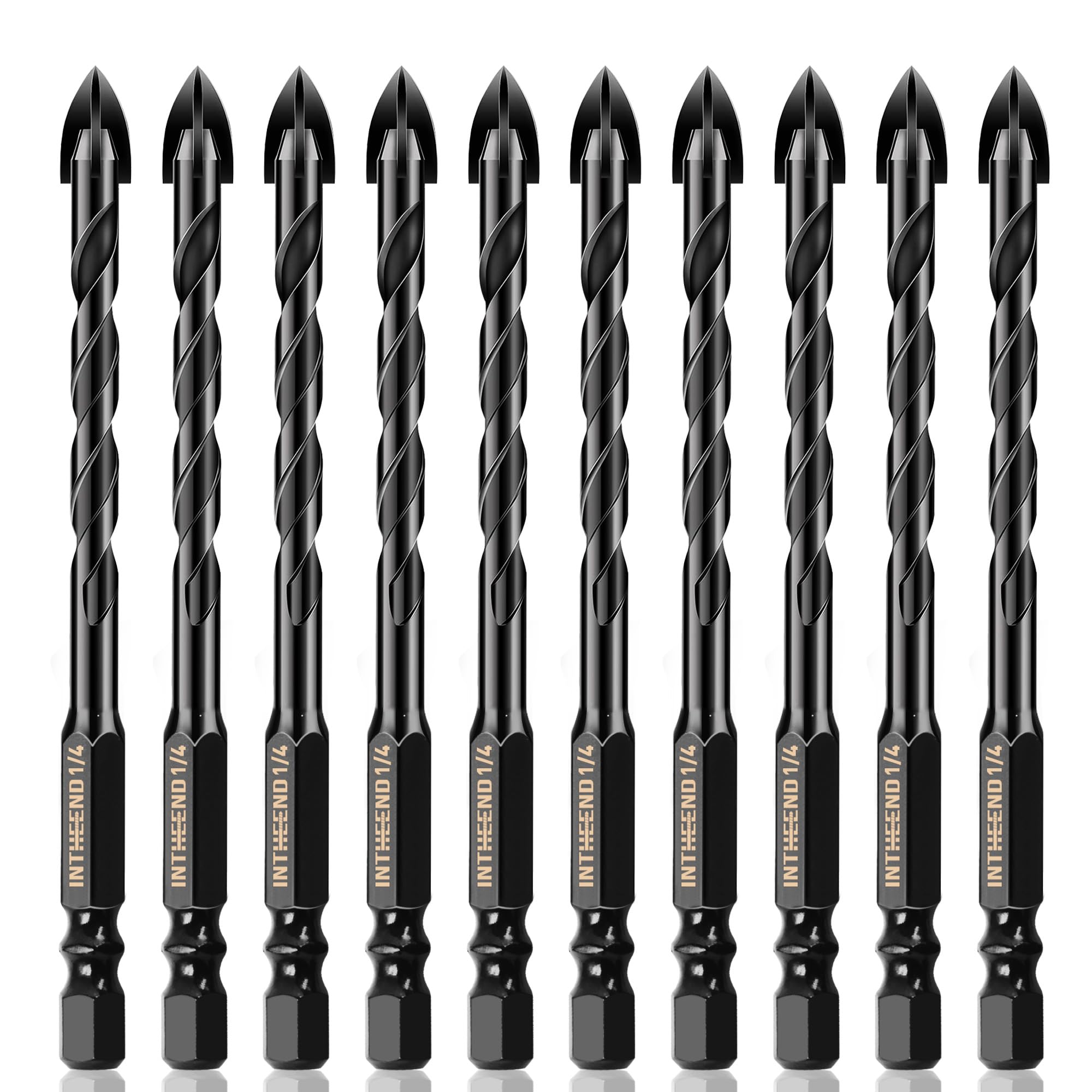 INTHEEND 10Pcs Masonry Drill Bit Set, 1/4" Concrete Drill Bit Set, Industrial Cement Drill Bits for Glass, Tile, Brick, Cement Concrete Plastic Wood,