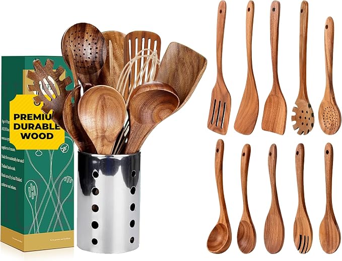 AIUHI Kitchen Wooden Utensils for Cooking with Holder,Natural Teak Wood Spoons for Cooking(21)