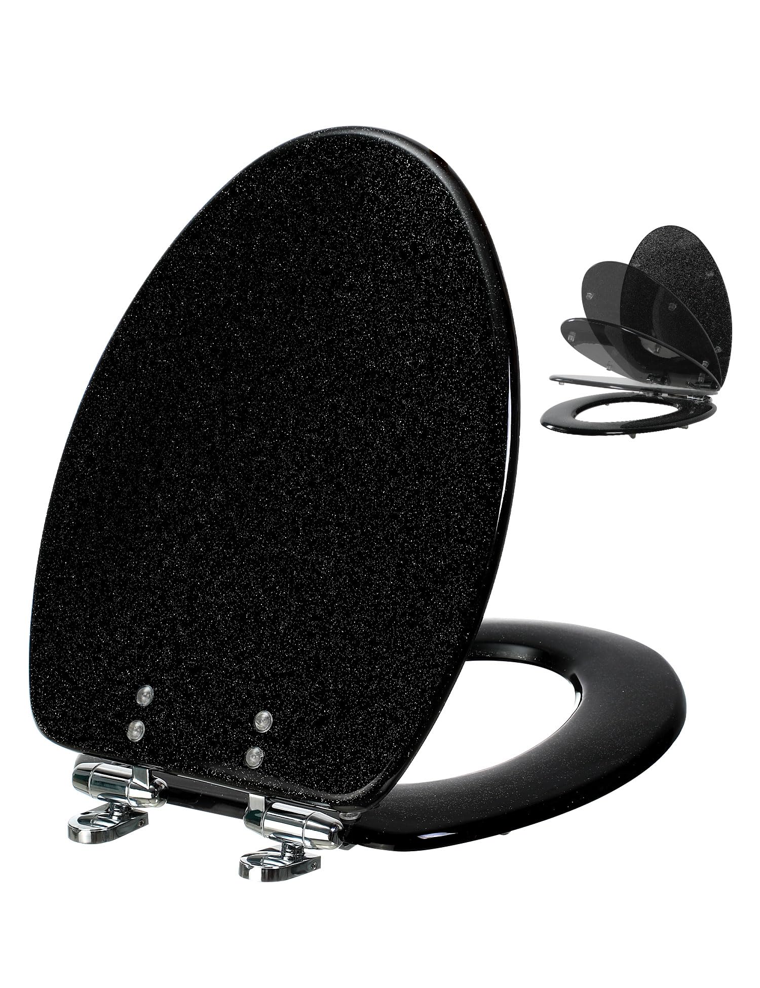 Angol Shiold ELONGATED Black Resin Toilet Seat Soft Close Quick Release Adjustable Hinges Heavy Duty Toilet Seats Black Glitter Acrylic Cover for Bathroom (19 Inch, Black Starlight, Upgraded hinge)
