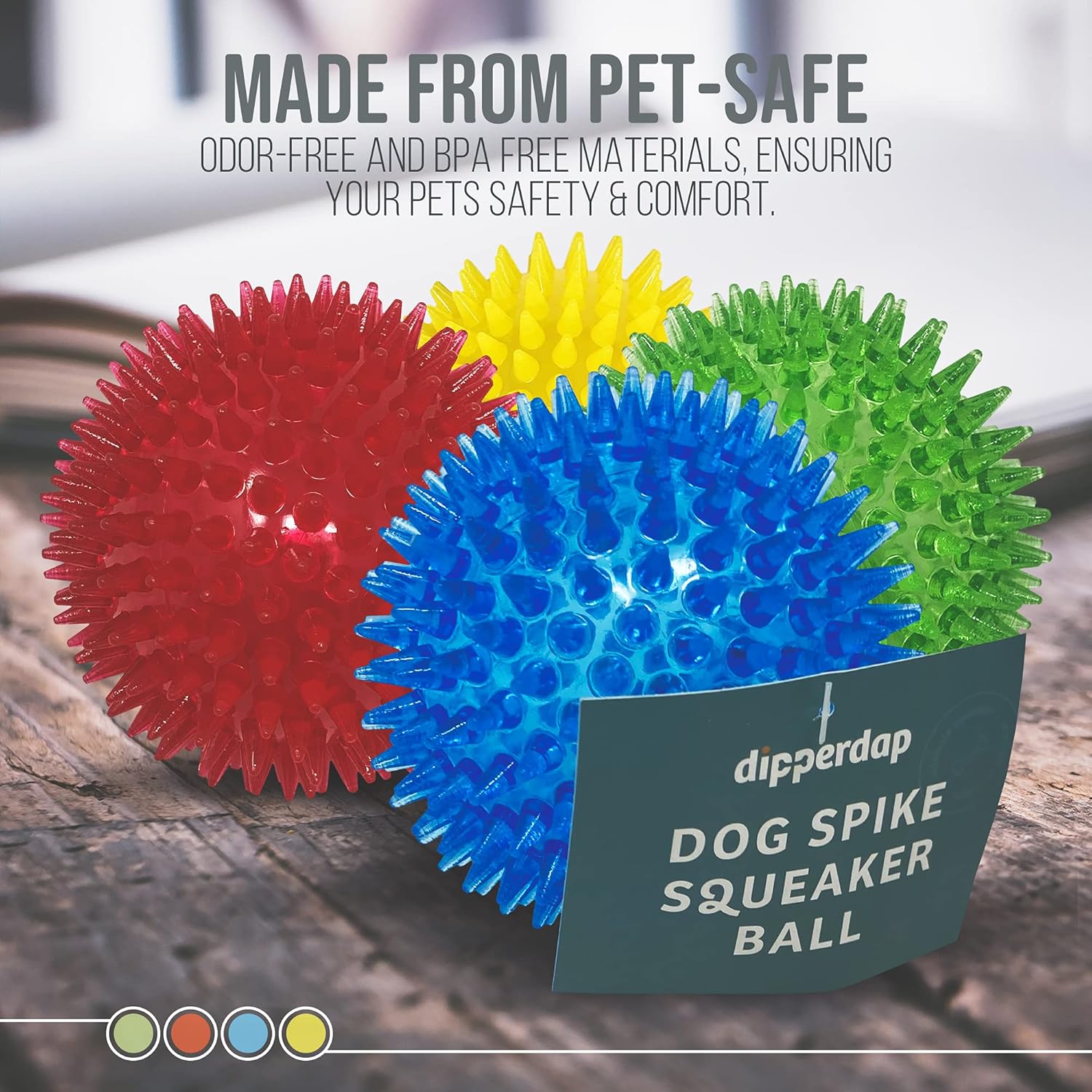 Pet Supplies : Dipperdap 4-Pack Squeaky Dog Toys 3.5” Spikey Dog Balls | Cleans Teeth for Healthier Gums |Non-Toxic BPA-Free Dog Toys for Aggressive Chewers |Spikey Balls in Red, Blue, Yellow, and Green : 