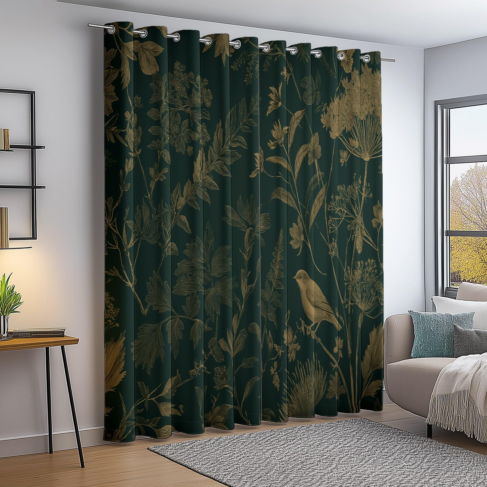 Blackout Curtains for Bedroom Dark Green Simple Vintage Plant Garden Birds Pattern Thermal Insulated Eyelet Curtains for Nursery Living Room Decor, Thermal Drapes W 46" x L 72" (2 Panels)