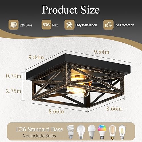 Miniatura 2 de Lámpara de techo negra de montaje empotrado, 2 luces cuadradas rústicas vintage de metal negro para pasillo de granja, cocina, pasillo, dormitorio