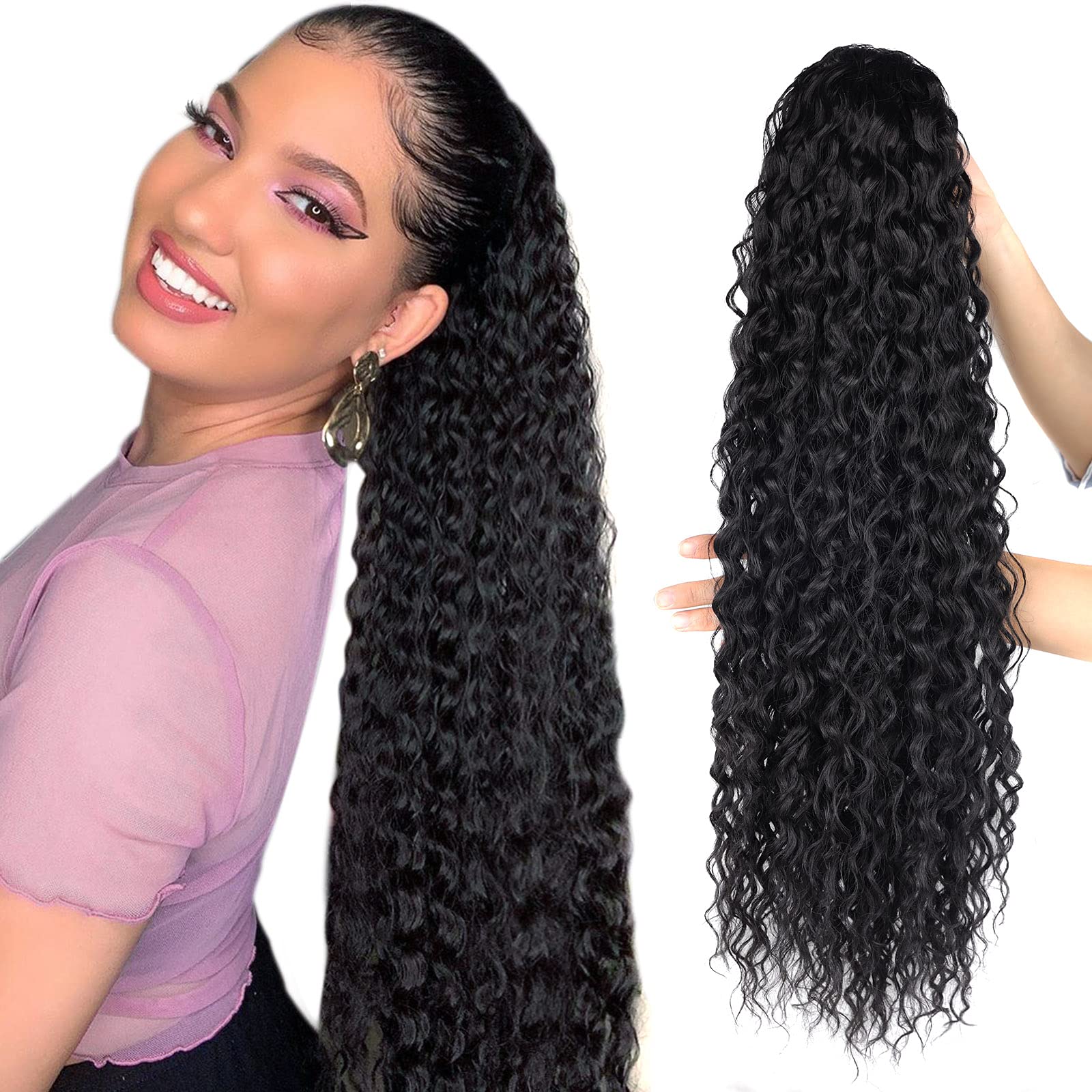 Black Ponytail-Extensions Curly-Drawstring Hair Extension Ponytail human hair Feeling Long 24Inch Wave Clip in Hair Extensions Ponytail Synthetic Hairpiece for Black Women (1#,5.64 OZ)…