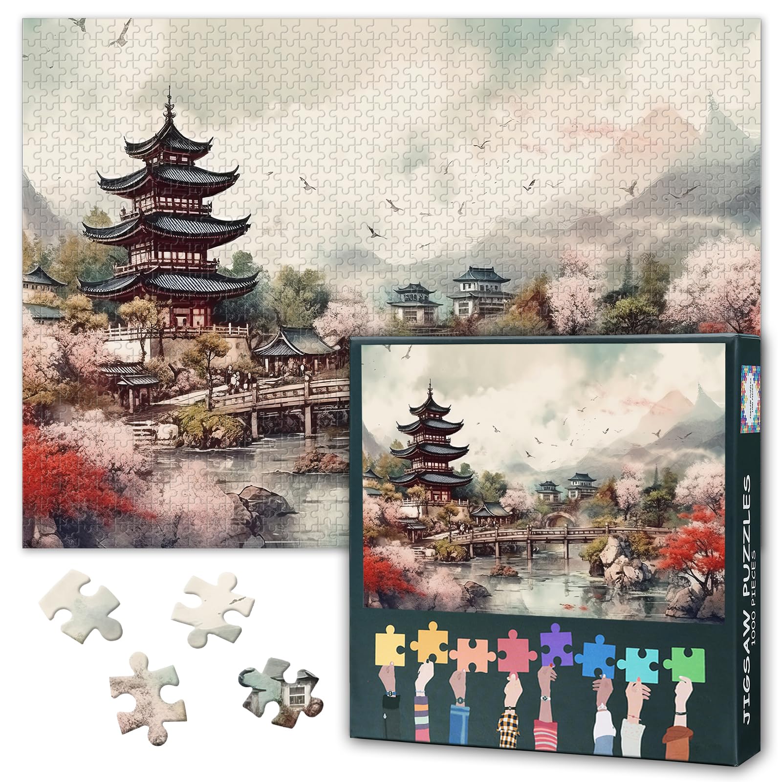 Pagoda and Cherry Blossoms Puzzles 1000 Pieces for Adults Beautiful Landscape Puzzle for Adults Home Decor Scenery and Landscape Painting Jigsaw Puzzles as Gifts for Family Friends 27.5"X19.7"