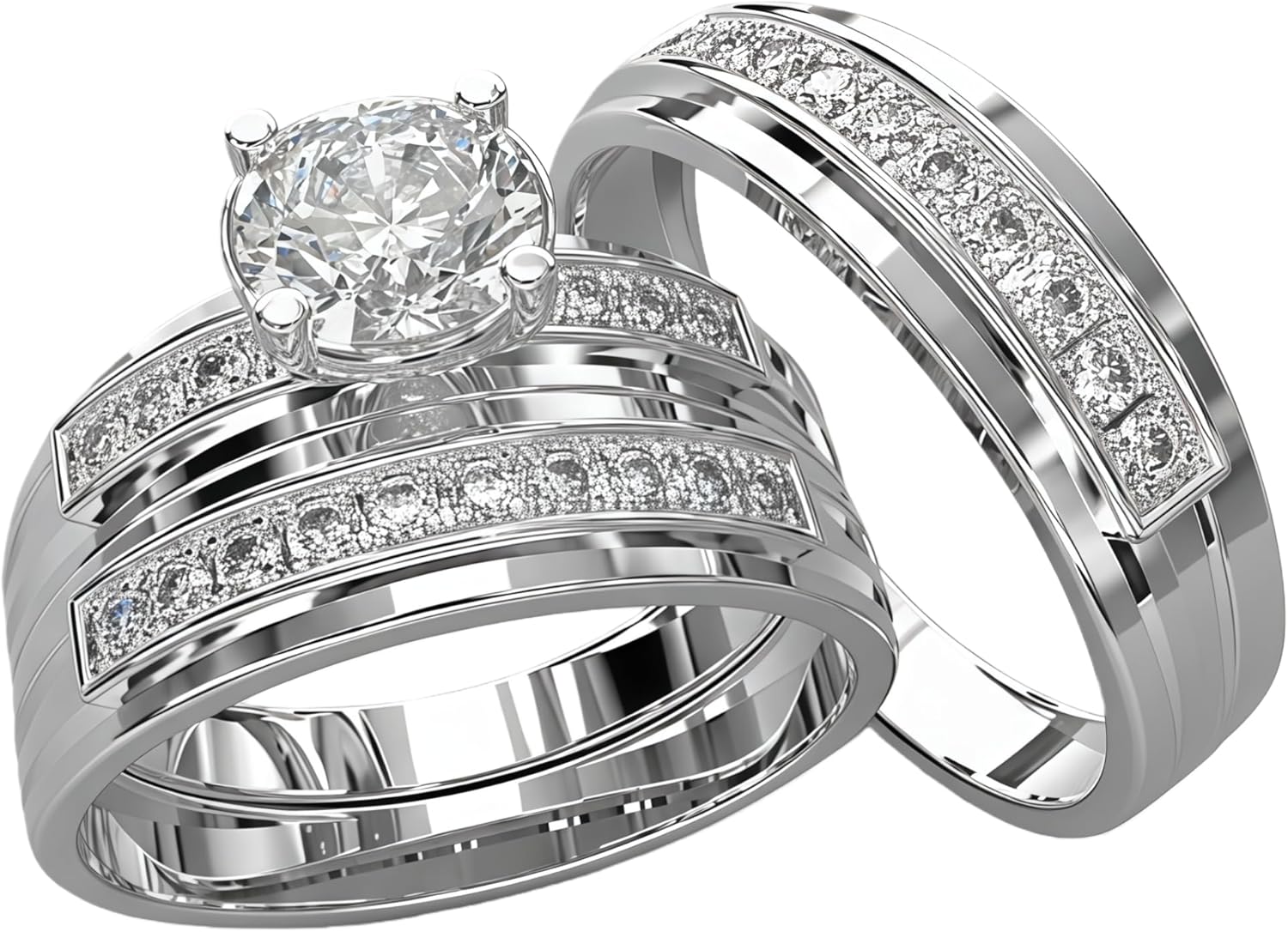 Matching Moissanite Wedding Ring Set For Couples, 3pcs White Gold Diamond Couple Rings, Bridal Wedding Band, His And Hers Customized Engagement Promise Ring Set, Size 4 To 16