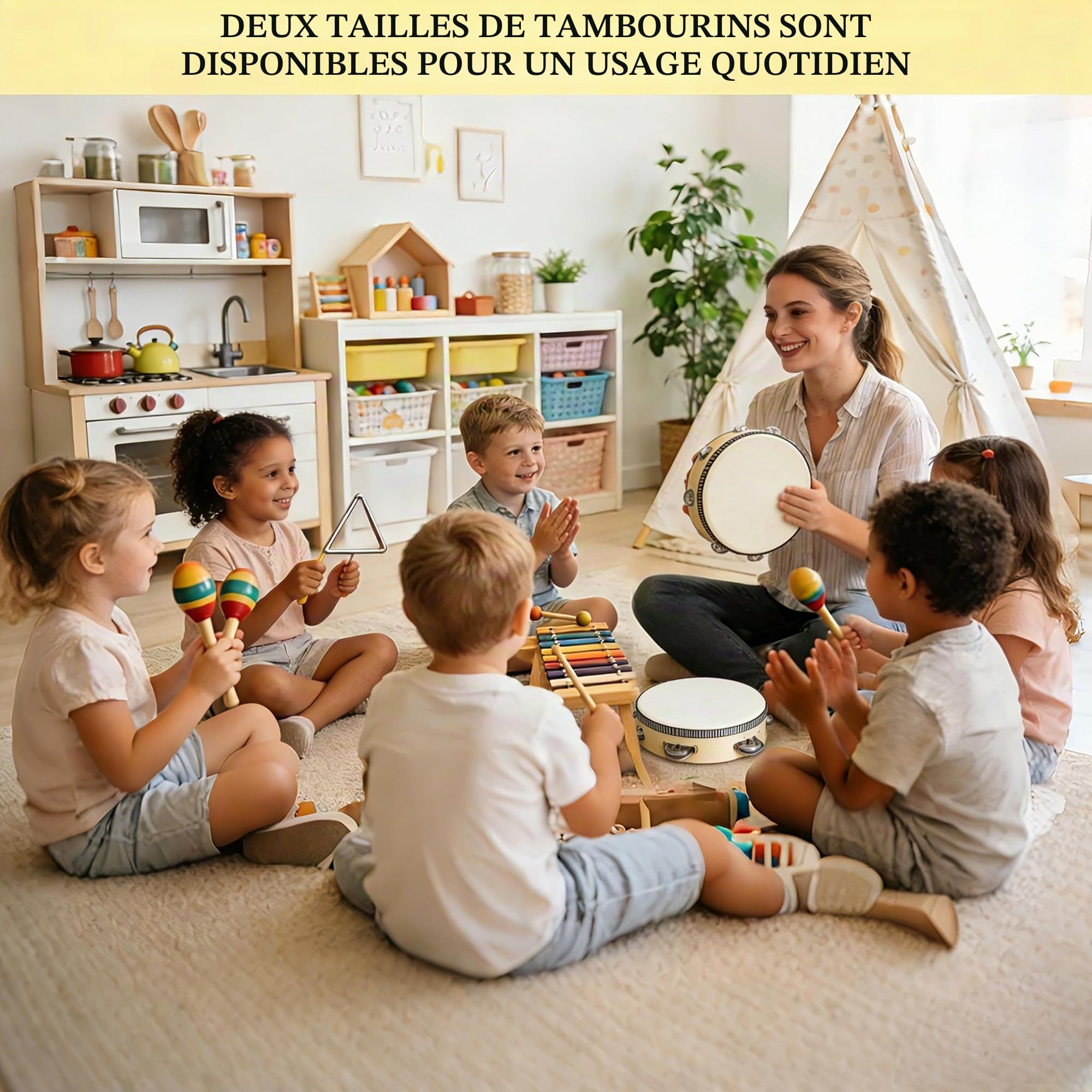 Set Tambourin en Bois avec Baguette 8 Pouces | Tambour à Main 20 cm de Diamètre Bord Renforcé par Corde