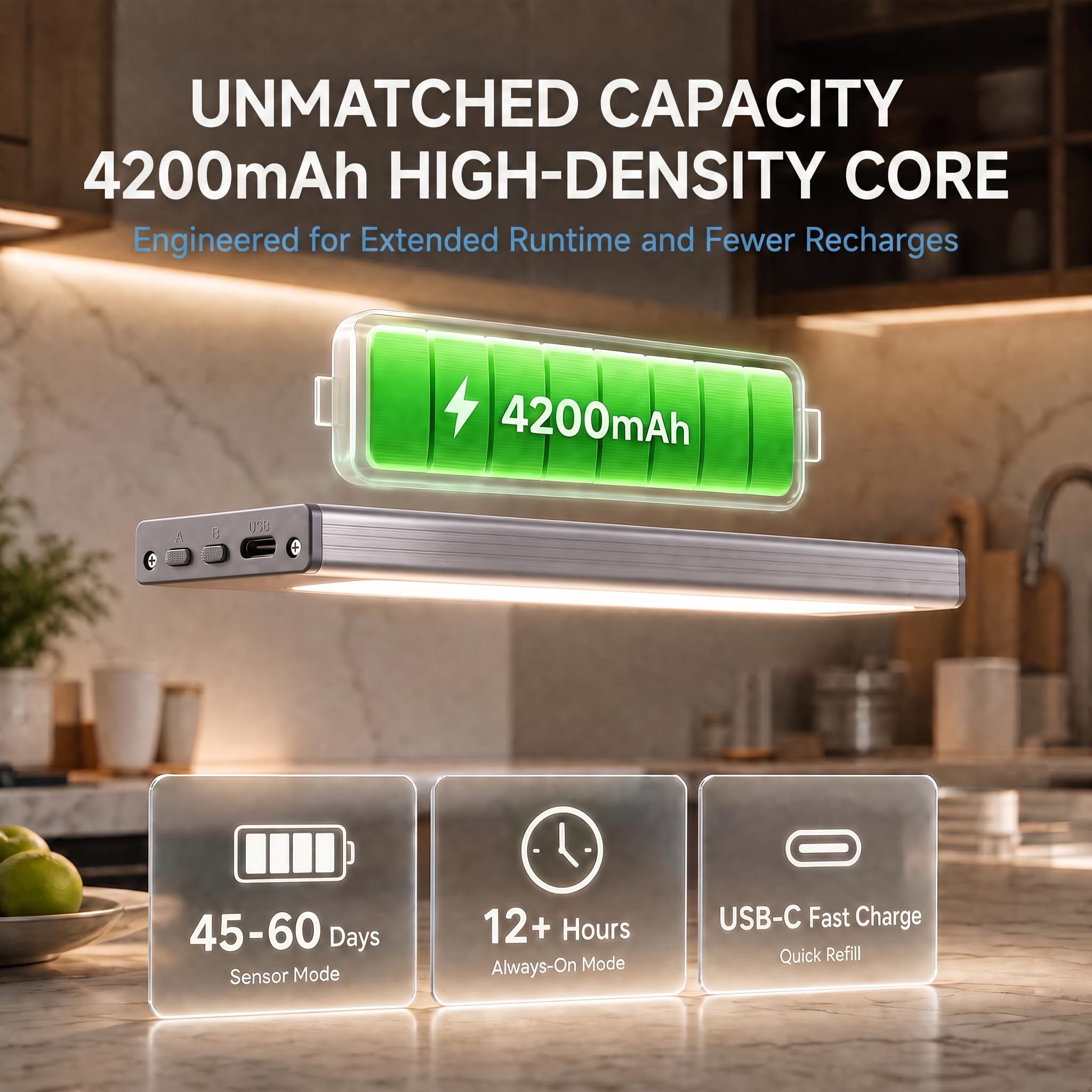 Unterschrankbeleuchtung, 4200 mAh Bewegungsmelder-Licht für den Innenbereich, 240 lm, wiederaufladbar, batteriebetriebene Schrankleuchte, magnetische Unterbauleuchten für Küche, Treppe (3