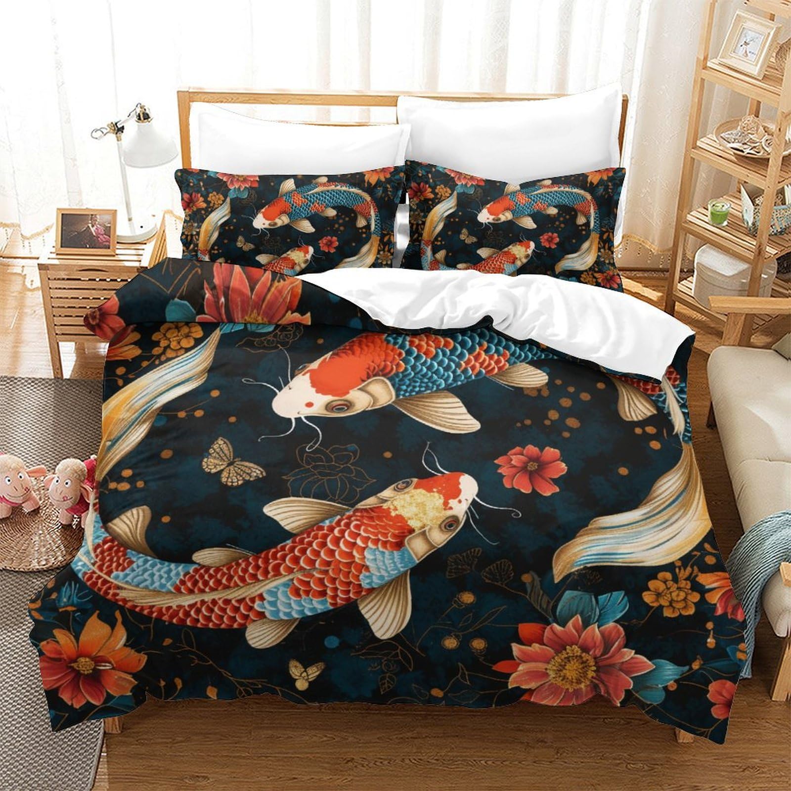 Housse de couette haute qualité carpe koï douce parure de lit king 3 pièces