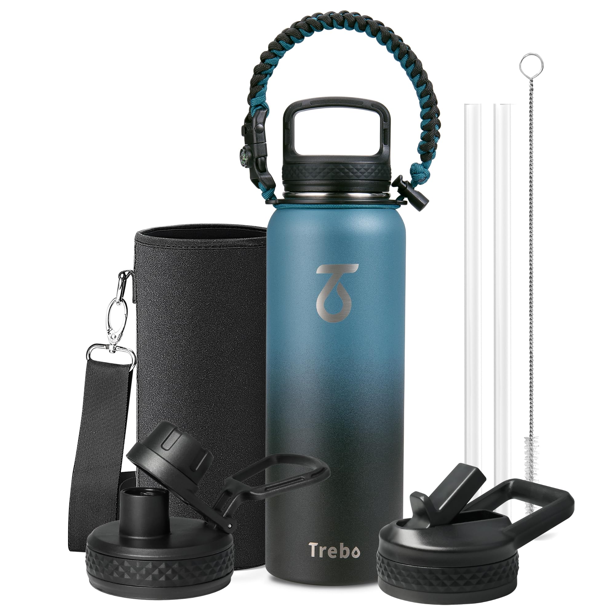 Trebo 1.2 L Edelstahl Trinkflasche Isoliert mit Paracord-Griff & 3 Deckeln | Große Metall Wasserflasche mit Strohhalm, Drei-Wand-Vakuum Isolierflasche, 48 Stunden kalt 24 Stunden heiß, Spülmaschinenfest