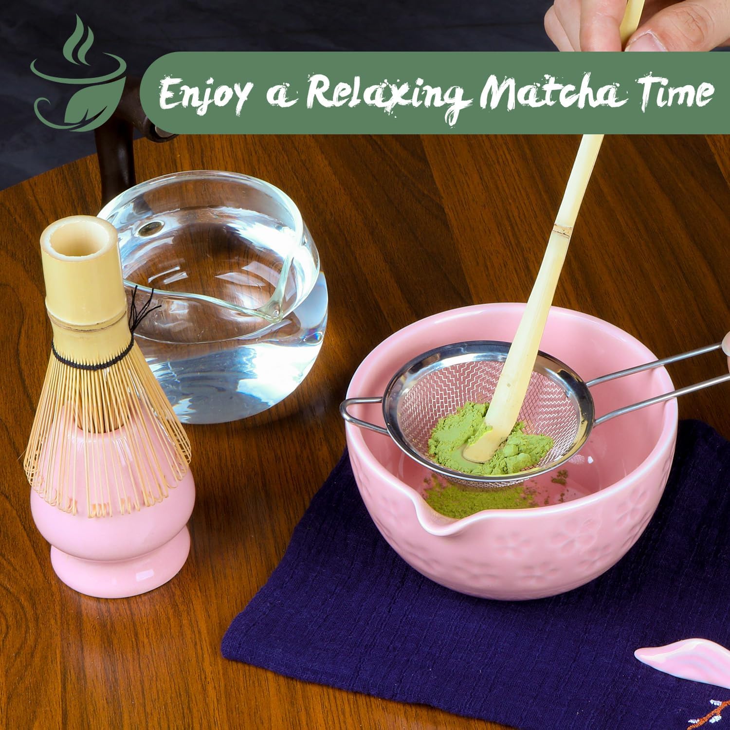 Matcha Whisk Set Pink, 8Pcs Matcha Set Kit include Matcha Bowl, Matcha Whisk and Holder, Bamboo Scoop, Scoop Rest, Sifter and Tea Towel, Matcha Whisk and Bowl Set for Matcha Lovers and Beginers thumbnail