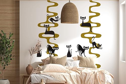 Revive tus paredes con un gato retro de mediados de siglo en cadenas, perfecto para amantes de la vendimia, calcomanía de pared de arte moderno,