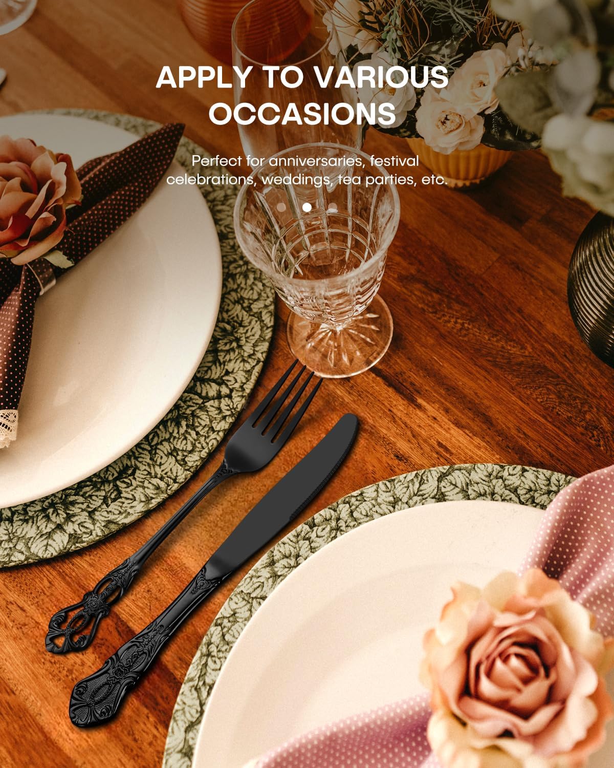Stapava 60 Pcs Black Silverware Set, Gorgeous Retro Royal Silverware Set for 12, Stainless Steel Mirror Flatware Cutlery Set, Include Forks Spoons and Knives Set, Dishwasher Safe Utensils