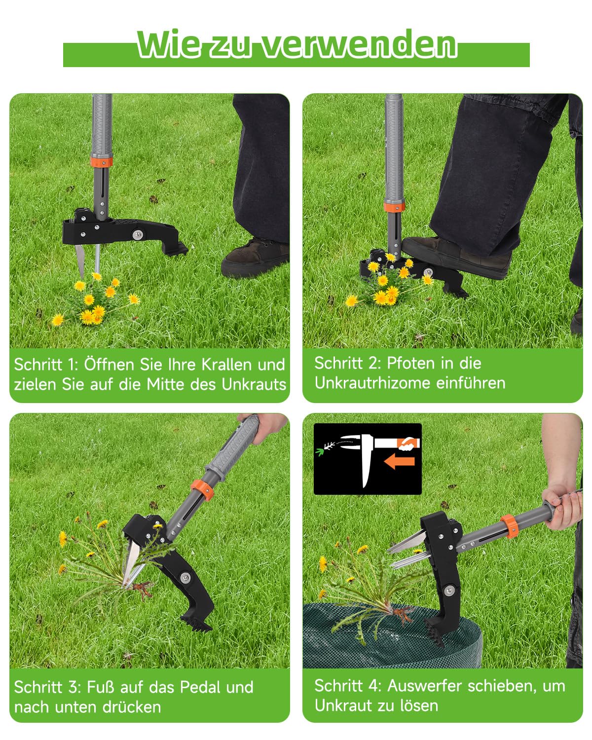 HAUSPROFI Unkrautstecher mit Stiel Teleskop (Länge 91 CM-117 cm) + 50L Gartensack, Unkrautausstecher mit 4 Edelstahl Krallen, Automatisches Zurückspungsdesign