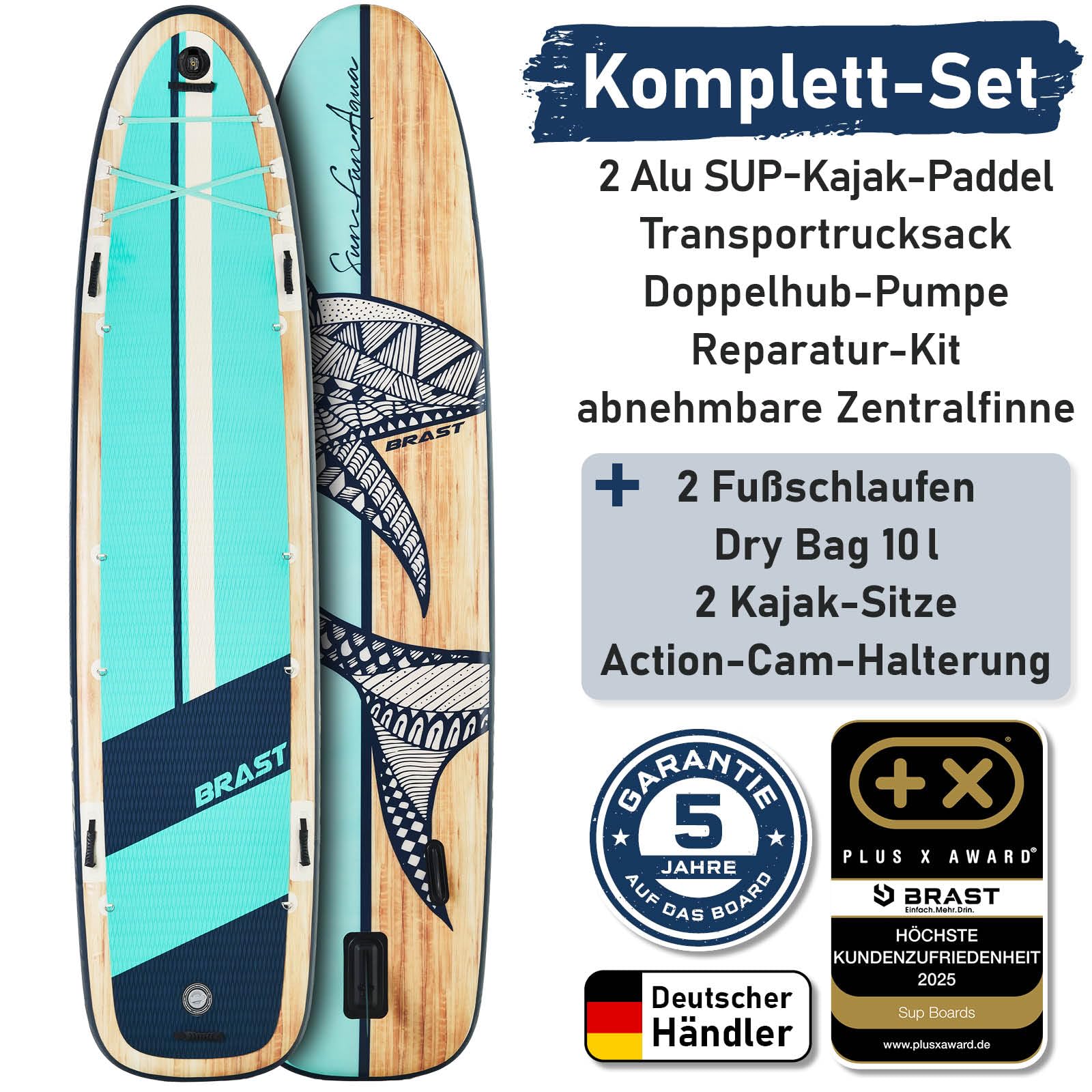 BRAST SUP Board Family | Aufblasbares Stand up Paddle Set XXL | 370x87x15cm bis 250kg | 7 Designs | inkl. Zubehör 2X Kajak-Sitz 2X Fußschlaufe 2X Paddel Pumpe Rucksack