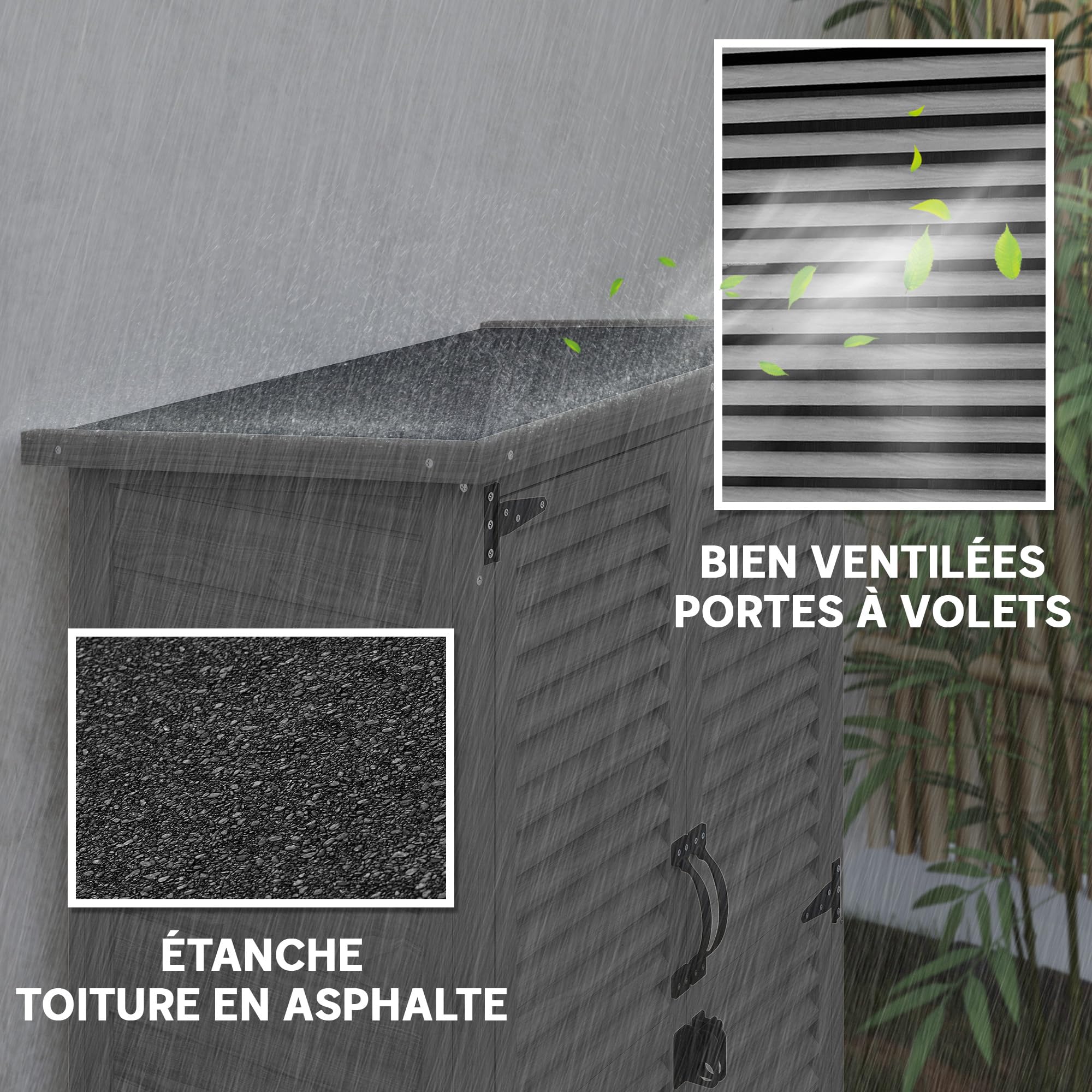 Outsunny - Armario de jardín para herramientas de madera, 2 estanterías tejado betún puertas persianas con cerradura 75 x 50 x 118 cm, color gris