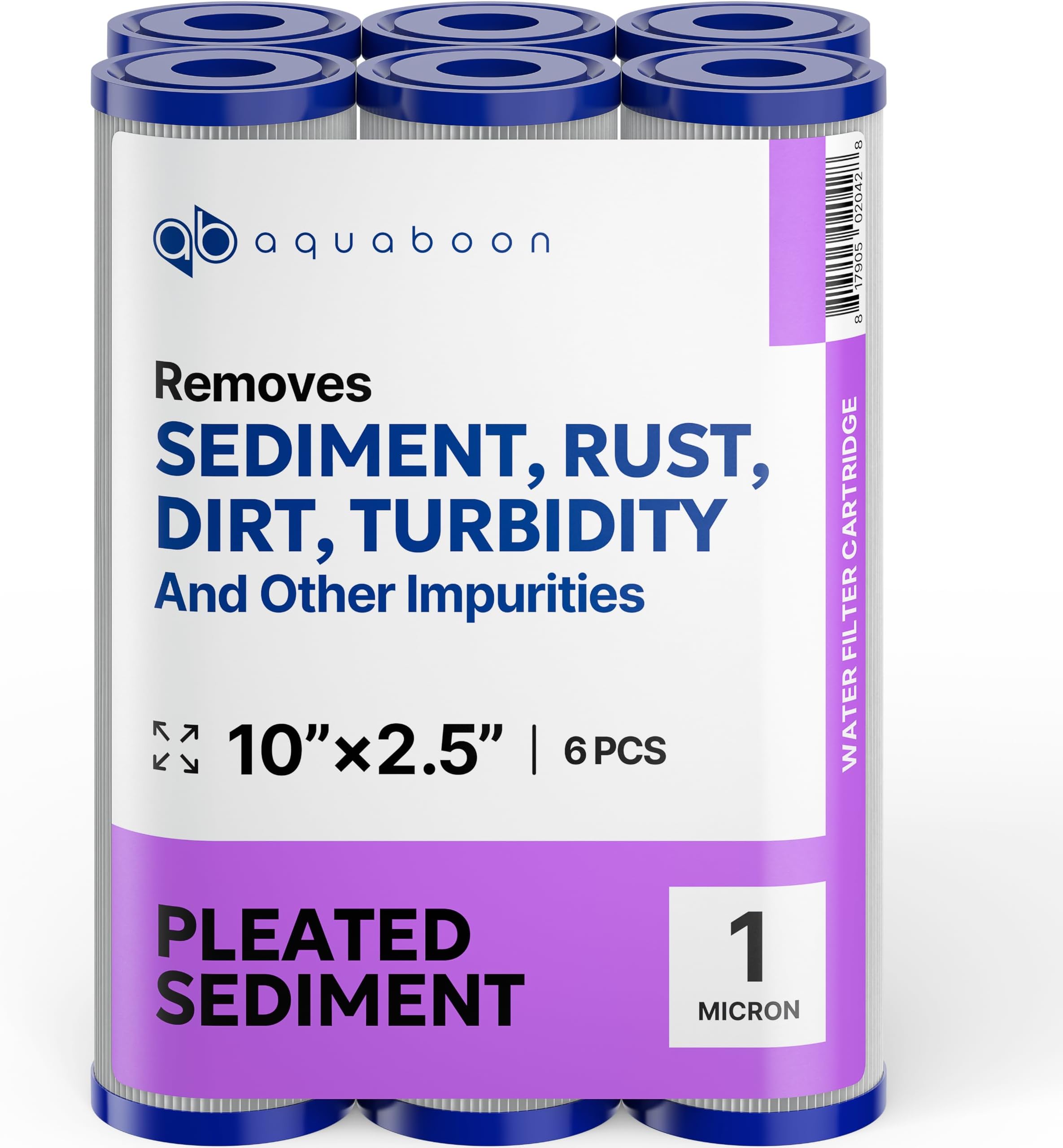 Aquaboon 1 Micron Pleated Water Filter 10 x 2.5 - Whole House Sediment Filter Replacement Cartridge Compatible with WFPFC3002, WHKF-WHPL, 6-Pack