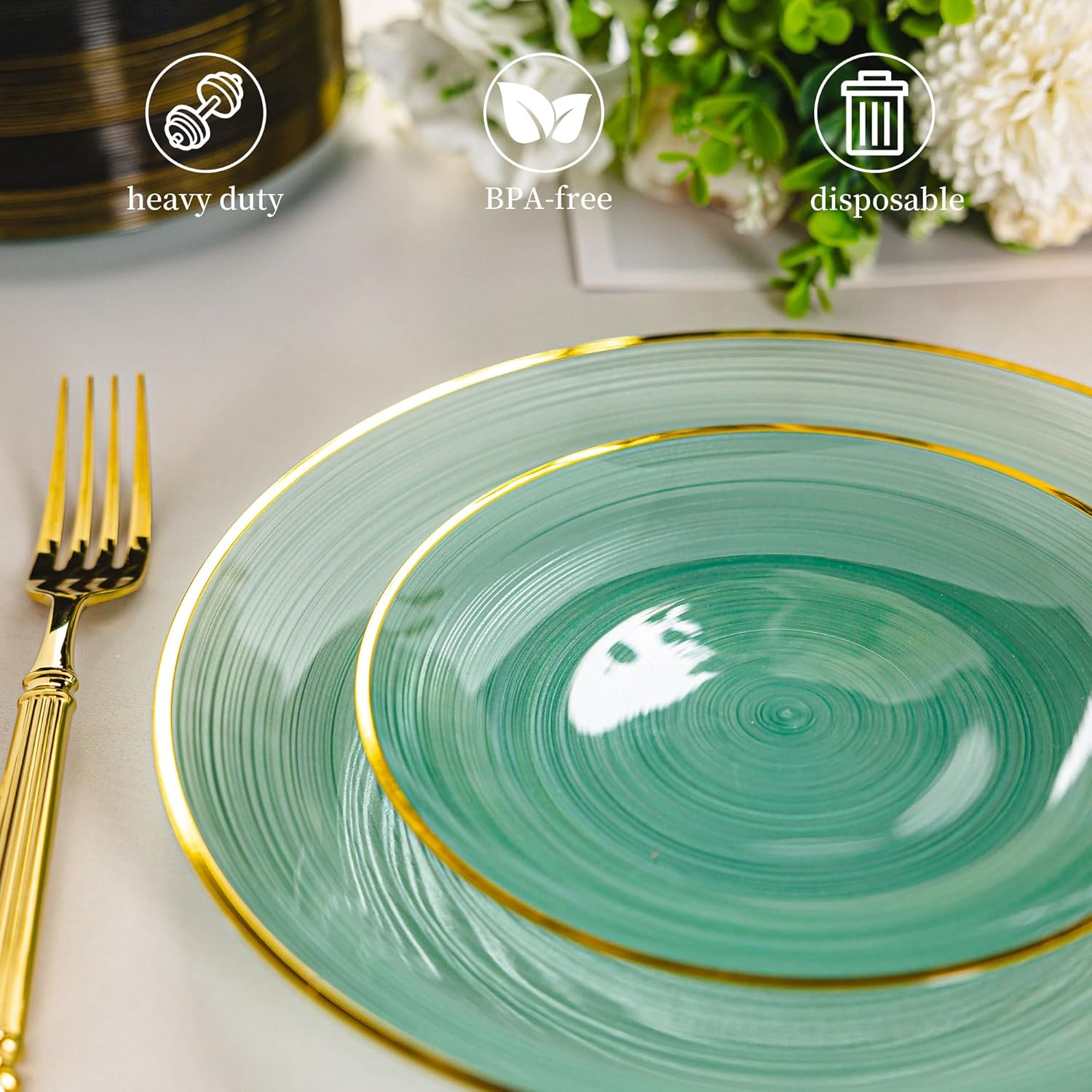 100PCS Transparent Green Gold Plastic Plates, 7 Inch Heavy Duty Disposable Dessert Plate with Gold Rim, Round Appetizer/Salad Plates for Wedding, Party, Camping, Picnic - Image 4