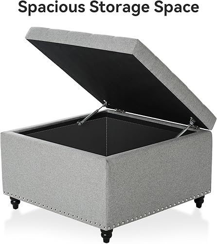 Vista 4 de BFD Mesa de centro otomana de almacenamiento cuadrada grande, otomana tapizada de gran tamaño con caja de almacenamiento para sala de estar
