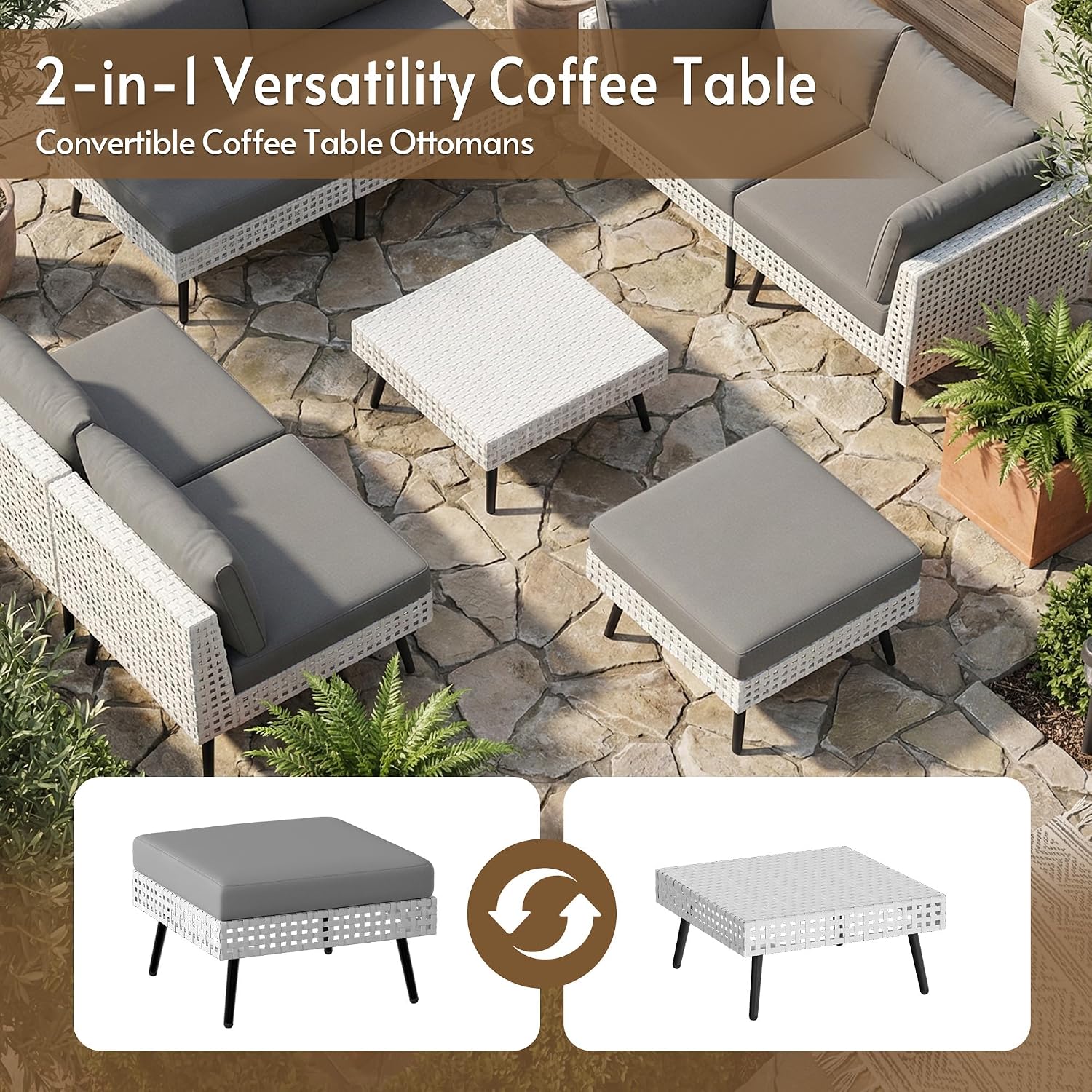 5 Piece Patio Furniture Sets, Modular Patio Sectional Conversation Sets with Upgraded Cationic Fabric Cushions & Outdoor All-Weather Handwoven Open Weave Wicker for Garden, Poolside, Backyard