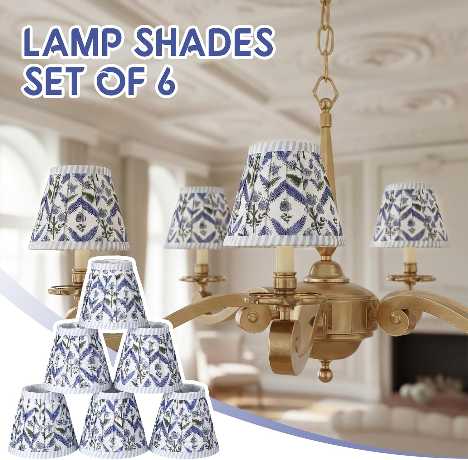 6 Set Pleated Block Print Light Blue Lamp Shade Mini 3" Top x 5.5" Bottom x 4.7" High Floral Blue Pleated Chandelier Shades Replacement Small Lamp Shades Clip on Bulb for Candelabra