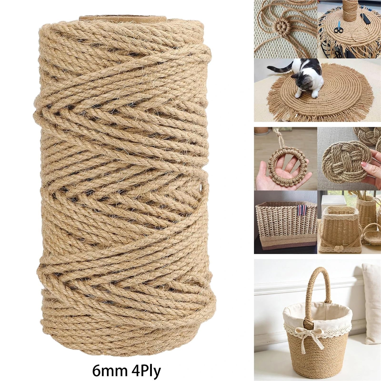 Spago Corda di iuta da 6 mm, spago intrecciato a 4 strati resistente e spesso for giardinaggio, artigianato fai-da-te, raggruppamento, tiragraffi for gatti, decorazioni for la casa