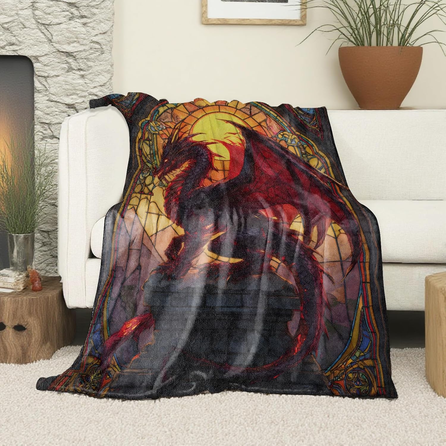 Stained Glass Dragon Blanket, Soft Cozy Lightweight Fierce Red Dragon Window Design Throw Blanket for Women Men Boys, Sofa Couch Bed 50x60 Inch Gothic Flannel Blankets for Travel Decor Gifts - Image 2