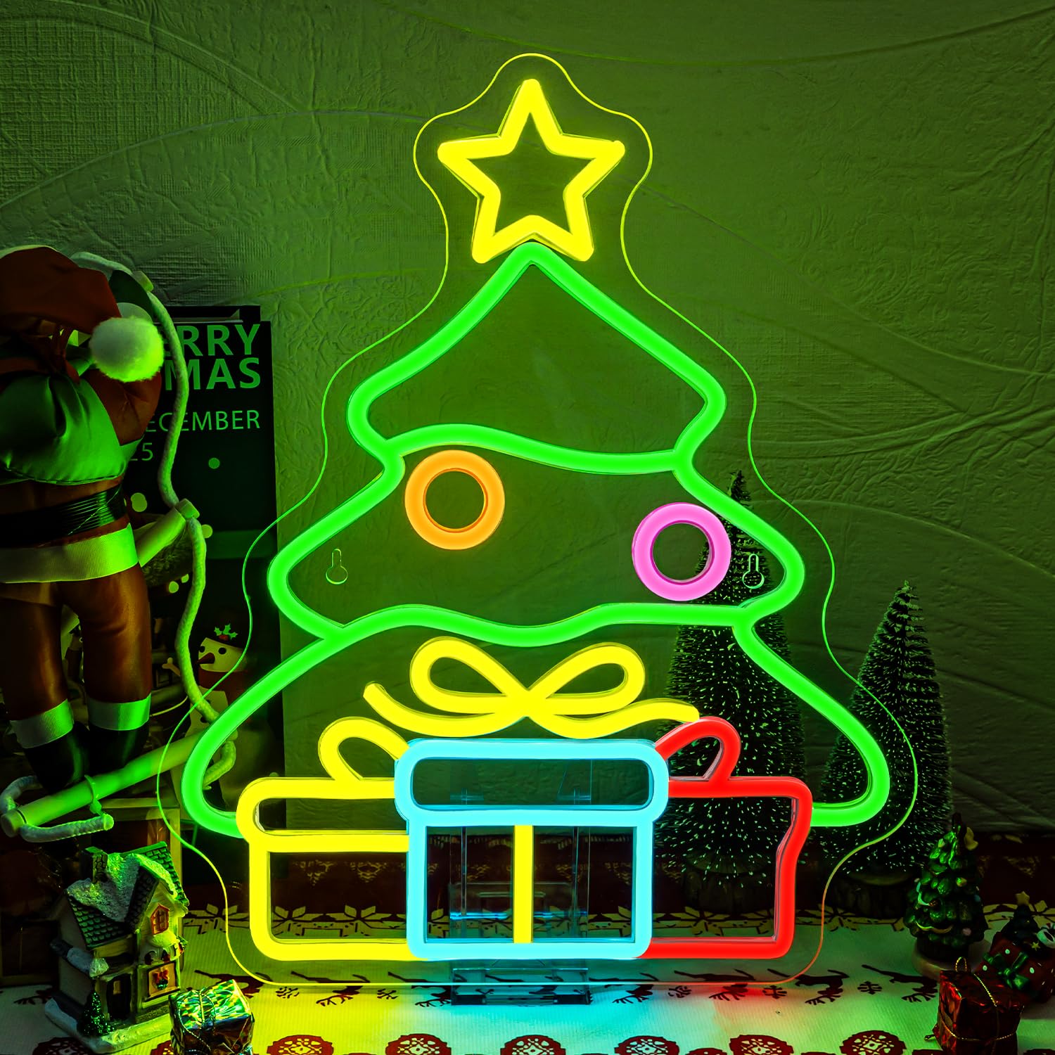 Árbol de Navidad Regalos Neon Led, Árbol de Navidad Regalos Luces Neon,Letrero Led con Interruptor Regulable para Decoración de Pared Fiestas Navideñas Dormitorio Año Nuevo Negocio
