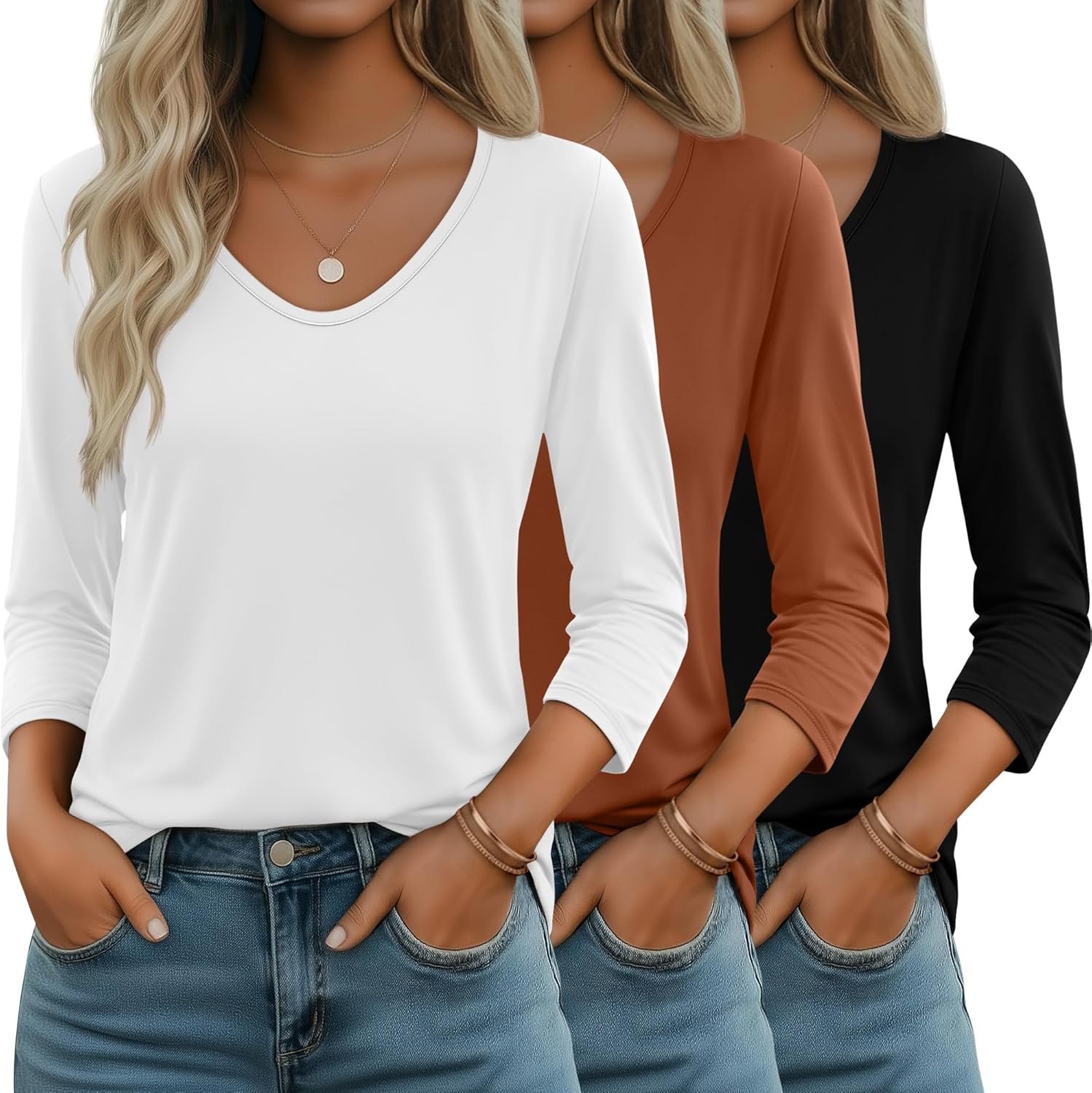 Huukeay 3 Pack Women's 3/4 Sleeve T-Shirts, V Neck Casual Tops Loose Fit Tunic Basic Tees 3/4 Length Sleeve Soft Blouses
