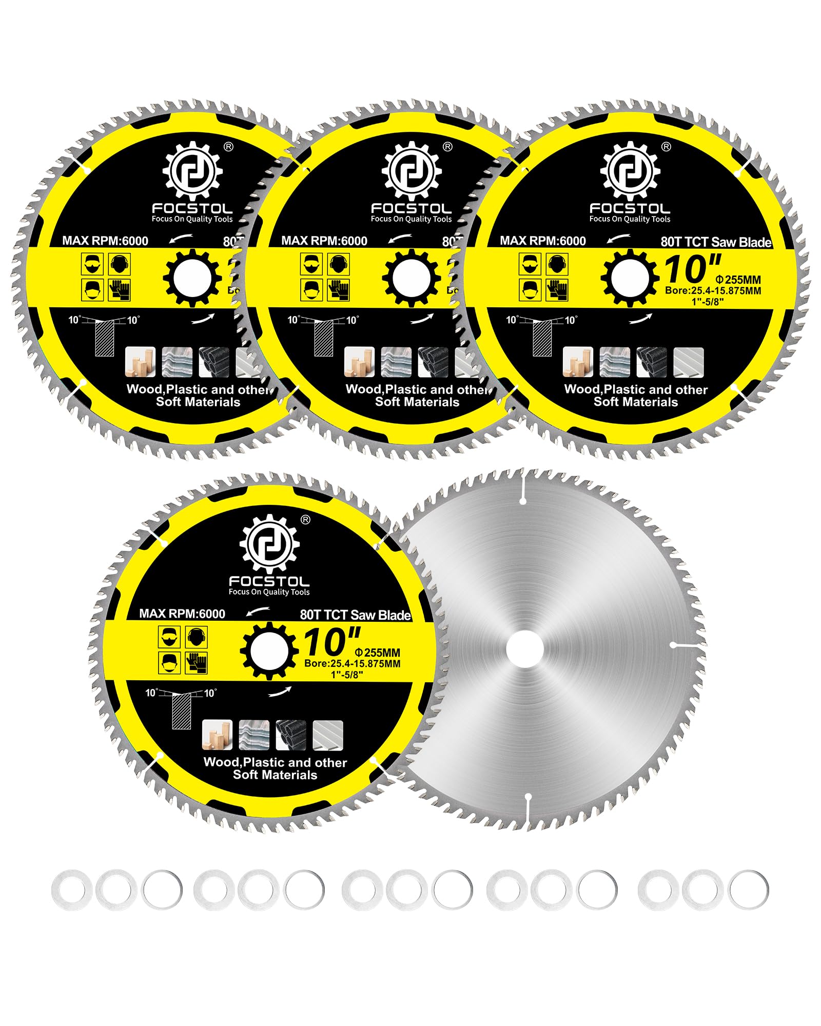 FOCSTOL Hoja Sierra Circular para Madera 255mm x 30mm - 5 piezas Disco Corte para Madera con 80 Dientes para Contrachapado, Tablero de Partículas, Plásticos y Otros Materiales Blandos