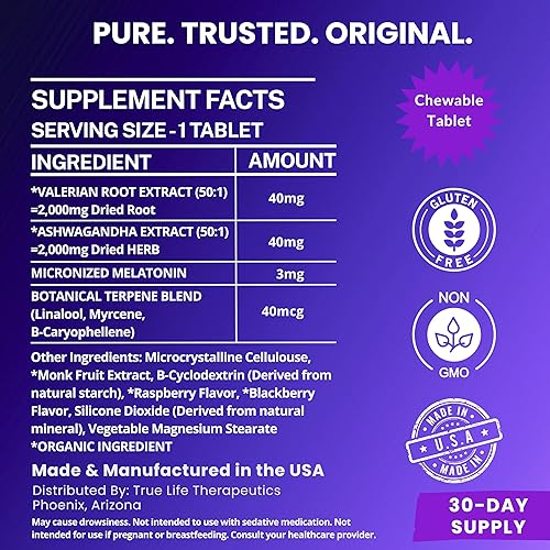 Miniatura 5 de True Life Therapeutics Potente apoyo para dormir  raíz de valeriana, ashwagandha, melatonina y terpenos botánicos  tabletas masticables suaves de