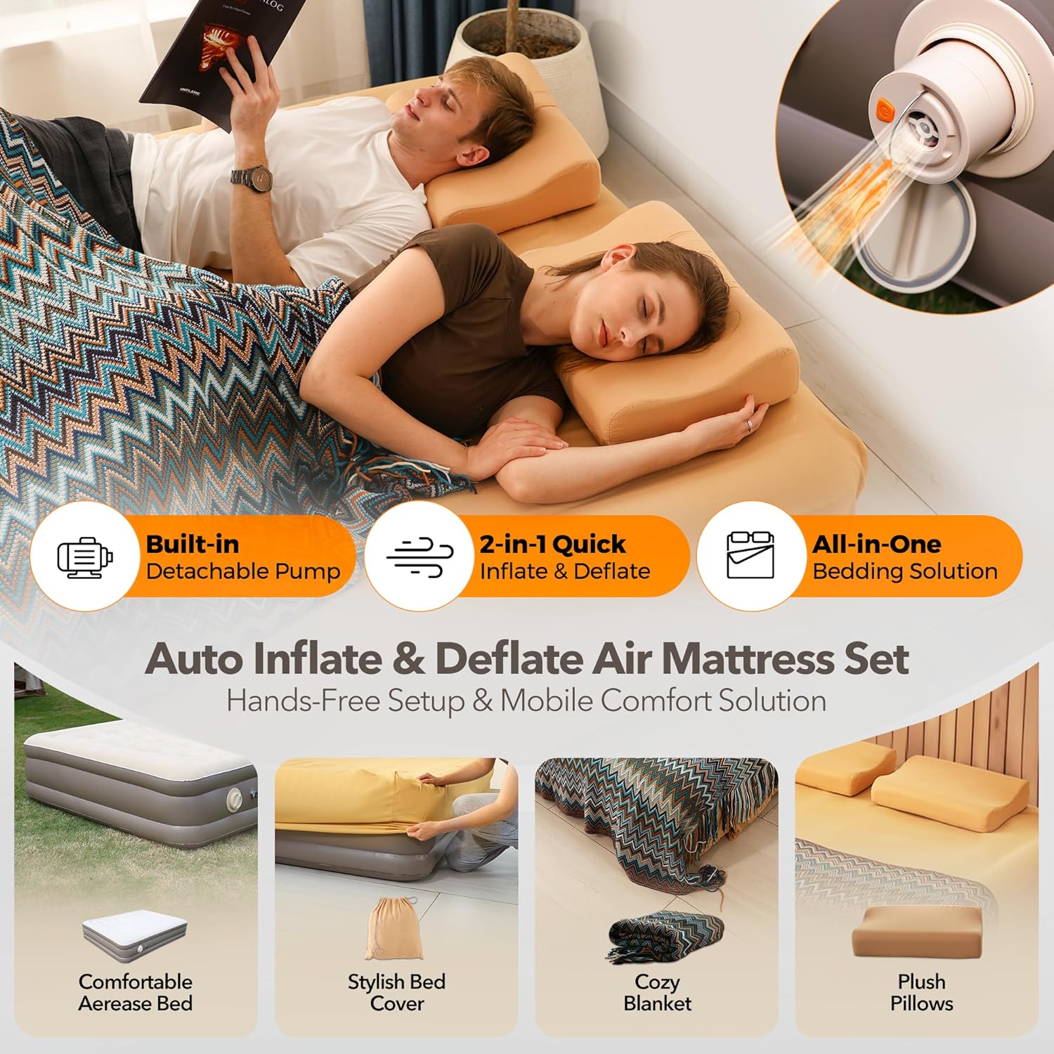 Aerogogo Luxury Air Mattress Set Queen air Bed with Built-in Rechargeable Detachable Pump, 661 lbs Strong Support Wireless Inflatable Mattress, Luxury Double Airbed Adjustable Blow Up Mattress