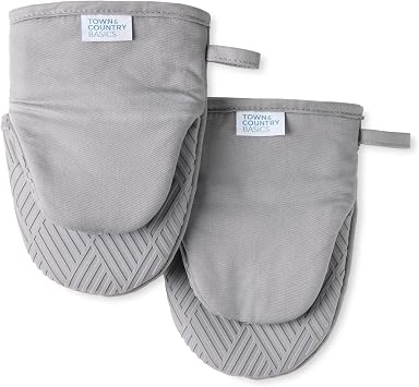 Town & Country Basics Basketweave Soft Silicone Mini Oven Mitt 2-Pack Set, Heat Resistant up to 500F, Flexible Silicone, Non-Slip Grip, Grey, 5.5"x8"