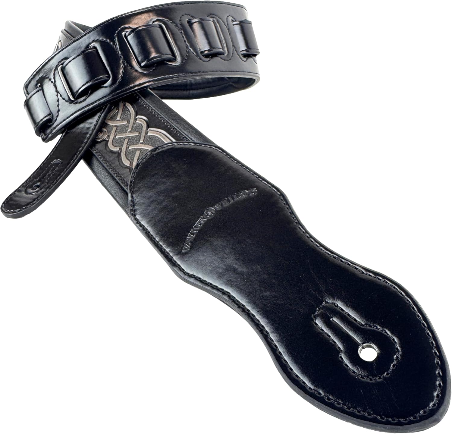 Walker And Williams KB-15 Midnight Black Strap Body With Graphite Gray Celtic Knot Design Full Grain Carving Leather Padded Guitar Strap For Acoustic, Electric, And Bass Guitars