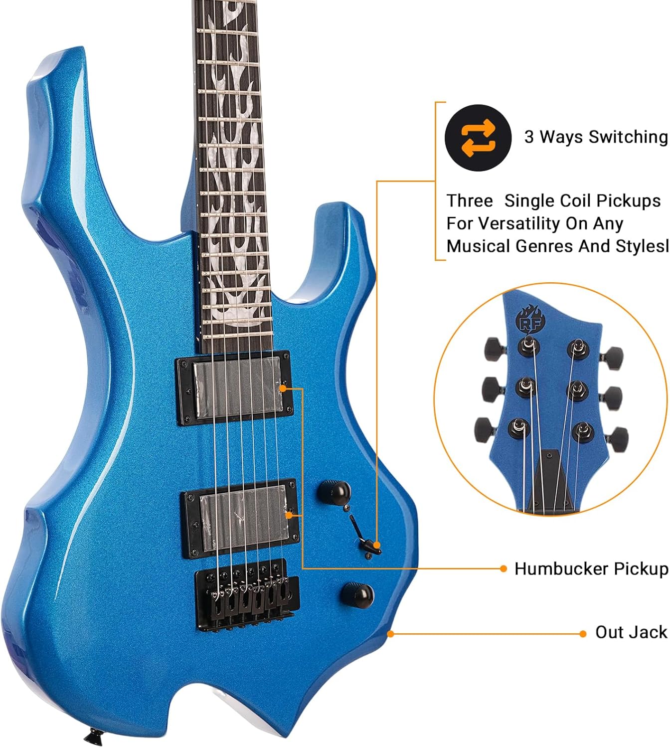 Electric Guitar Full Size Flame Design Set with Guitar Bag, Shoulder Strap, Amp,Tremolo Arm, Cable, Plectrum-Perfect for Beginners & Pros Solid Body Guitar (Metallic Blue)