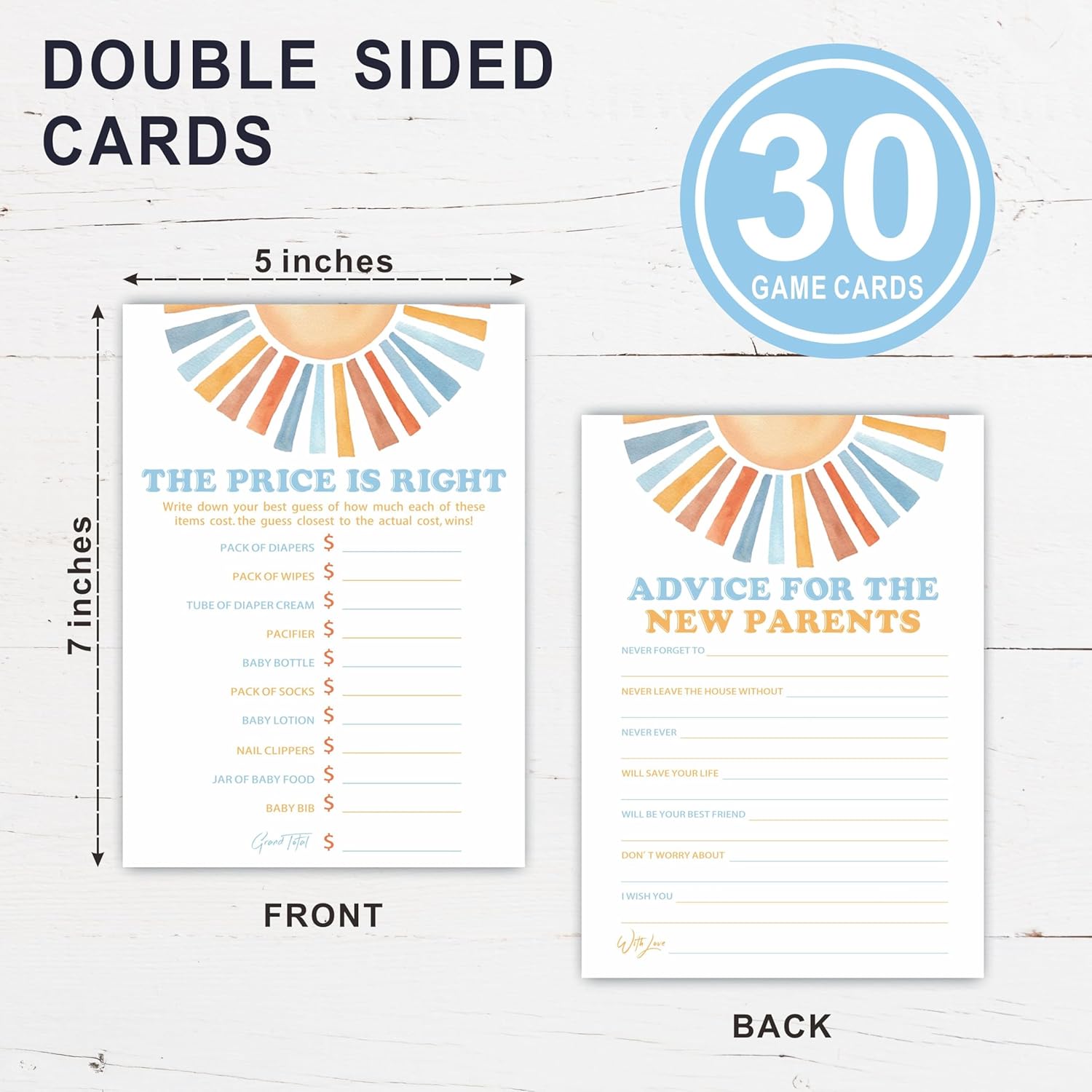 The Price is Right & Advice for The New Parents Theme Baby Shower Game Activities-30 Watercolor Sunshine Game Cards(5”x7”)-Baby Shower Party Supplies & Decorations for Boys & Girls-A03