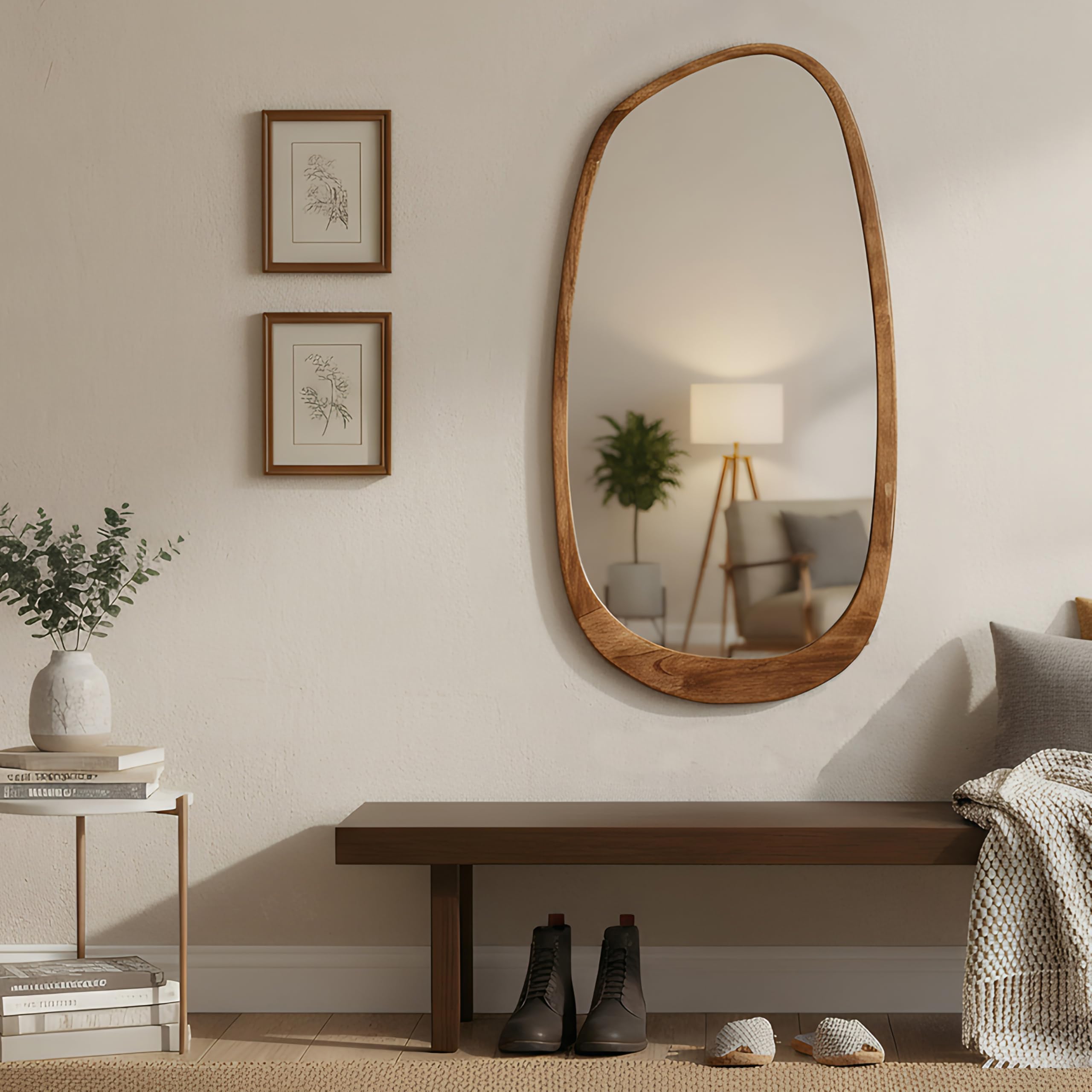 Asymmetrischer Spiegel, 97x50cm Unregelmäßiger Wandspiegel mit Holzrahmen | Cagnolier Asymmetrischer Wandspiegel, Rahmen aus Massivholz, Ganzkörperspiegel Holzrahmen für Wohnräume, Zimmer, Badezimmer