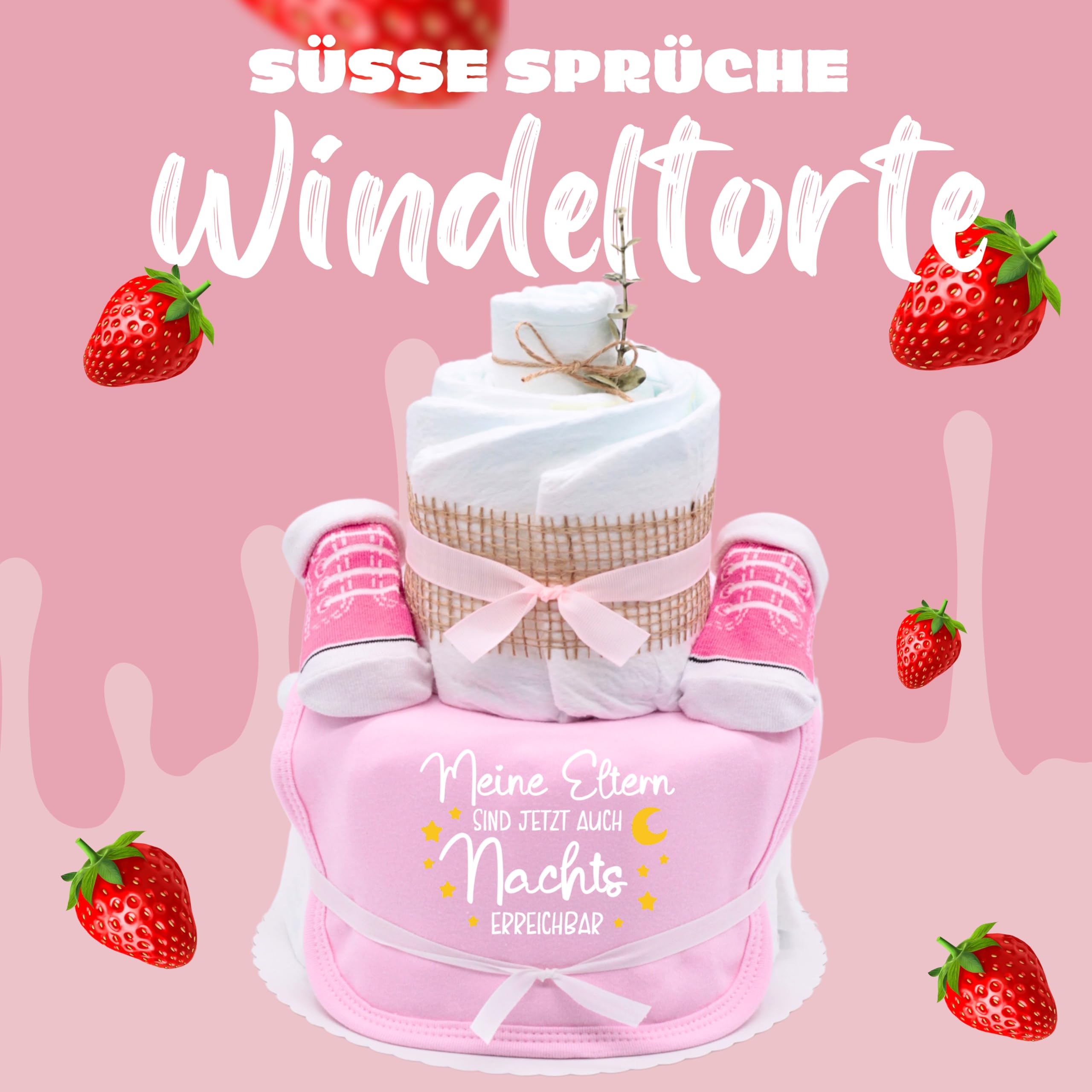 Trend Mama® | Sprüche Windeltorte | Meine Eltern sind jetzt auch Nachts erreichbar| 24 Windeln (Gr.2) Baby Lätzchen, Babysocken | Baby Party Geschenk (Rosa)