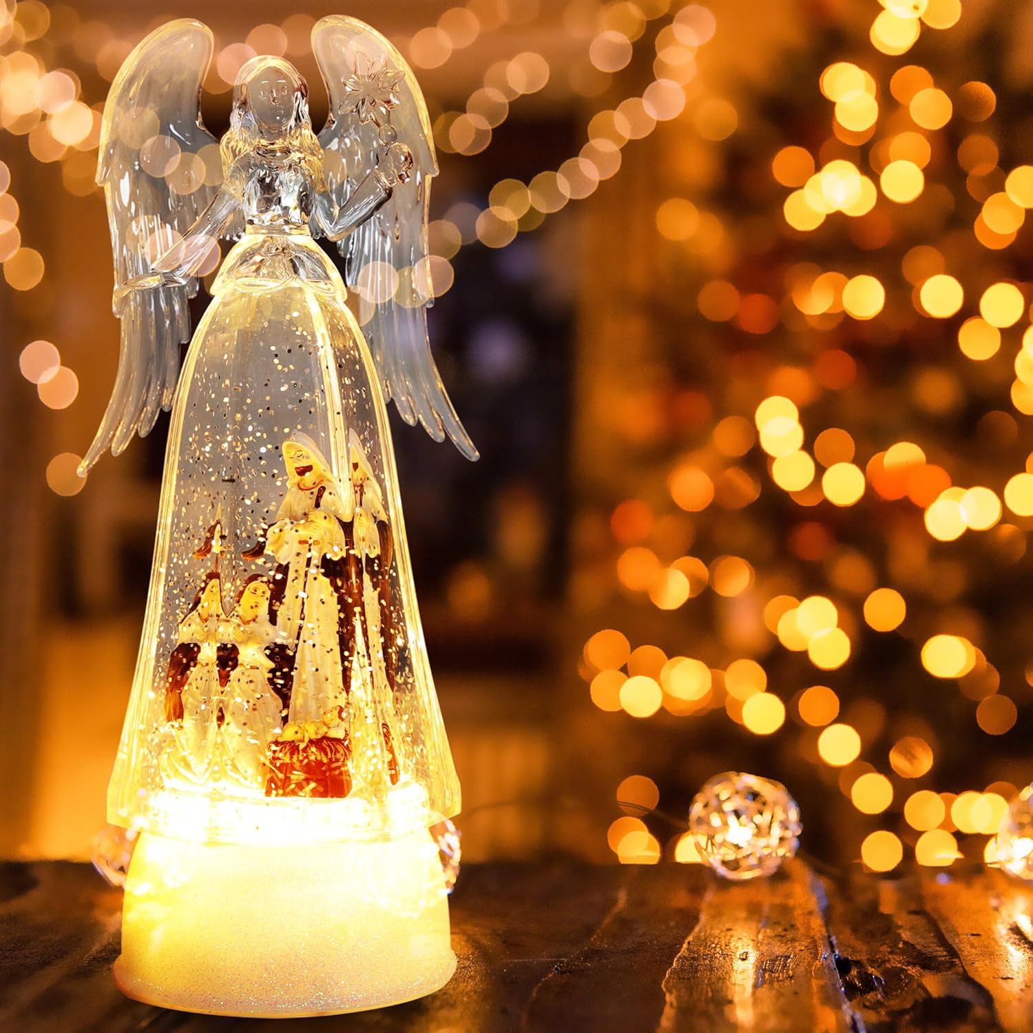 LAMPHOME Christmas Ornament, Christmas Angel Figurine with LED Lights, Christmas Lantern,Christmas Snow Globe,Christmas Decorations with Music, Battery Operated, 10 Inches