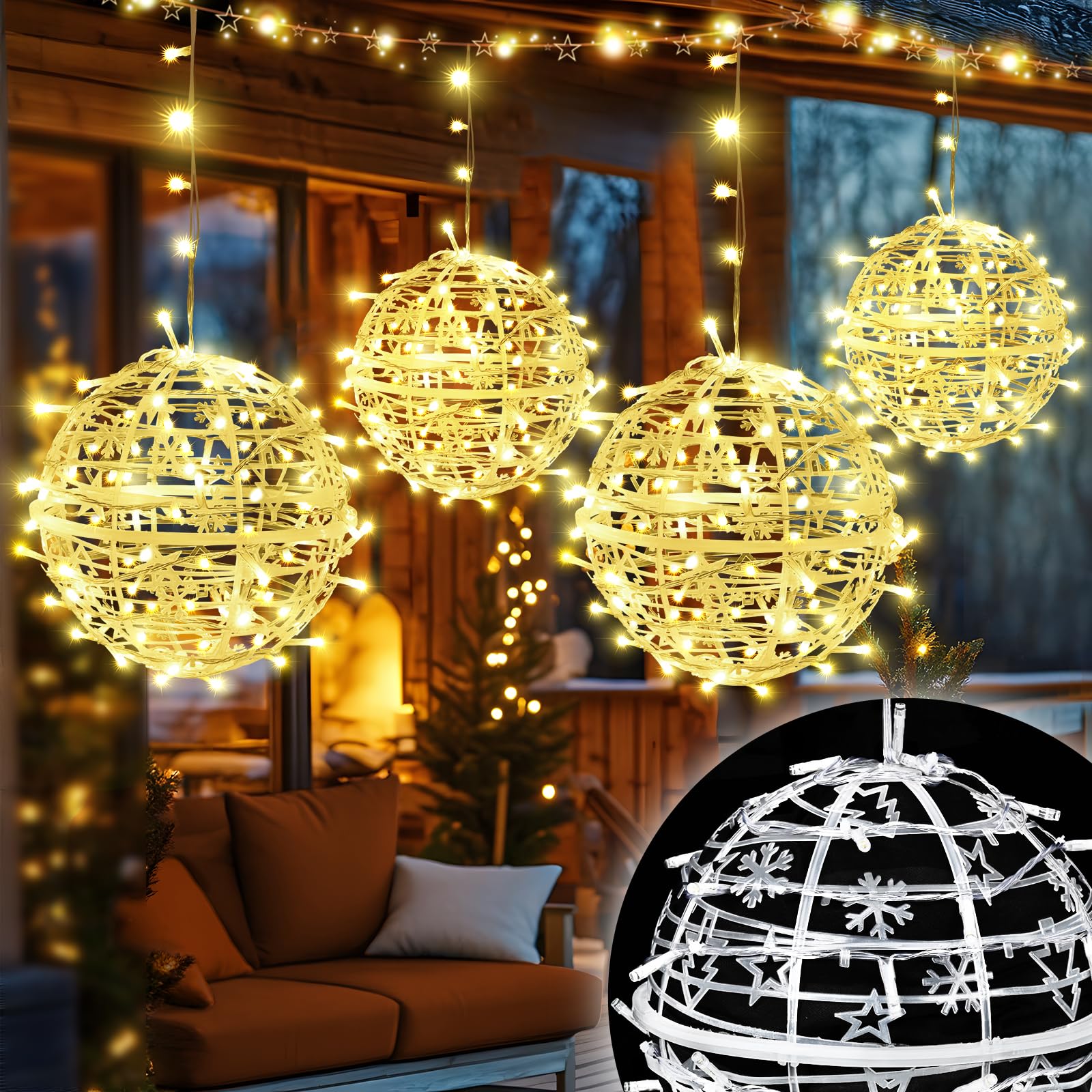 Likiyol Christmas Light Balls Outdoor 4 Pack 8" Sphere Christmas Lights with Plug, Hanging Tree Garden Globe Lights Waterproof String Lights for Yard, Patio, Porch, Party, Holiday Decor, Warm White