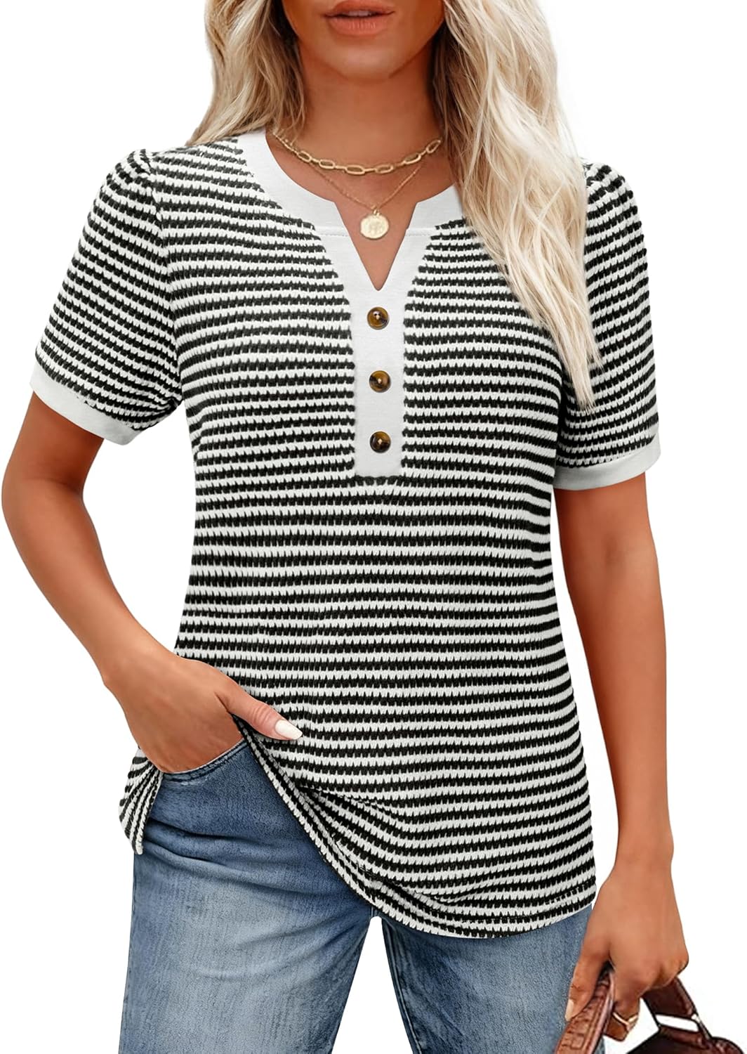Puff Short Sleeve Sweater for Women Waffle Knit Striped Shirt V Neck Tops Dressy Ca... - Image 2