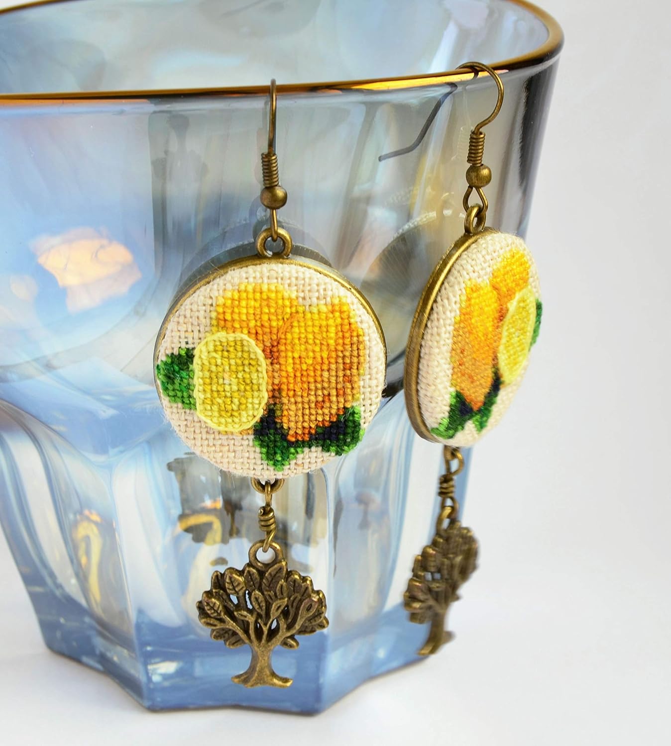 Handmade Embroidered Earrings with Lemon