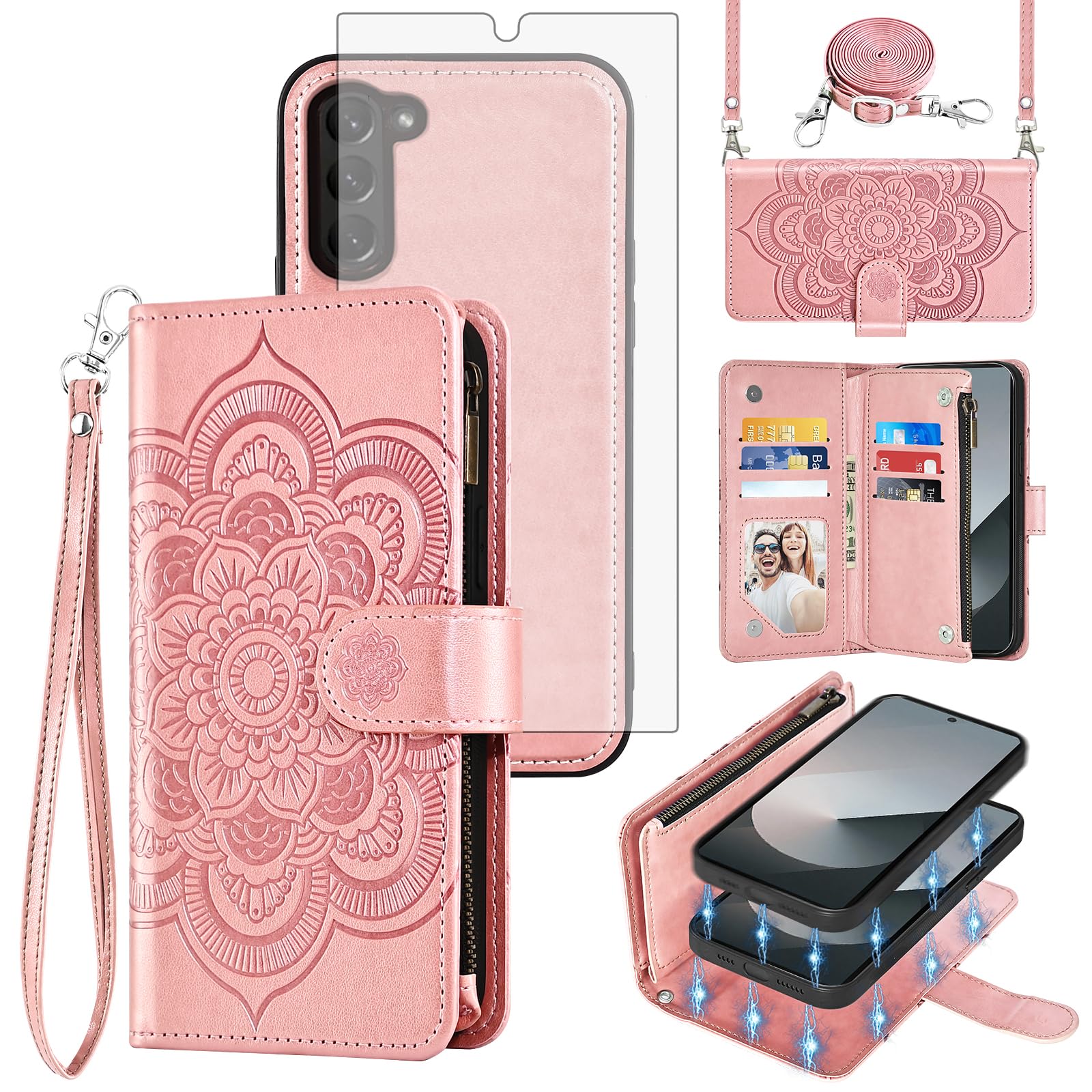 – Asuwish Phone Case for Samsung Galaxy Z Fold 6 5G 2024 Zipper Wallet Magnetic Detachable Cell Cover with Crossbody Lanyard Strap Mandala Flower Card Holder ZFold6 Z6 G Fold6 6Z Women Girls Rose Gold