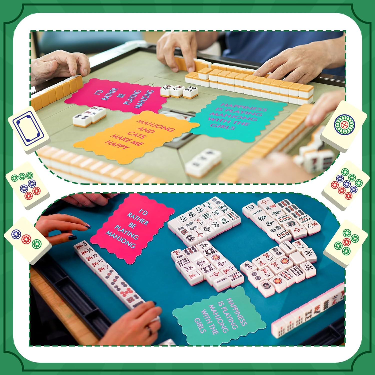 Maitys 4 Pcs Color Mahjong Shuffler Cards with Funny Sayings for Mixing Shuffling Tiles Thick PVC Shufflers with Wavy Scalloped Edges Mahjong Accessories Gifts for Lovers Playing(Multicolor,Funny)