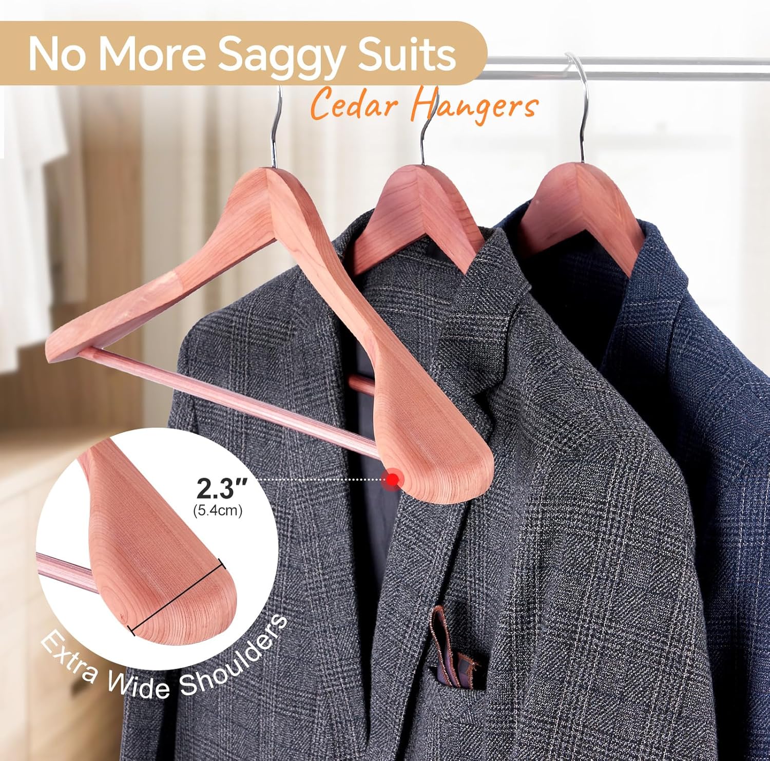 HOUSE DAY Wide Shoulder Cedar Hangers for Suits and Coats with Non Slip Pant Bar,360° Swivel Hook, Smooth Finish Cedar Wood Hangers for Closet, Closet Essentials, 5 Pack - Image 3